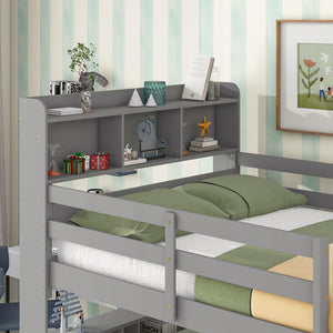 Full Over Full Bunk Beds With Bookcase Headboard, Safety Rail And Ladder, Kids/Teens Bedroom, Grey