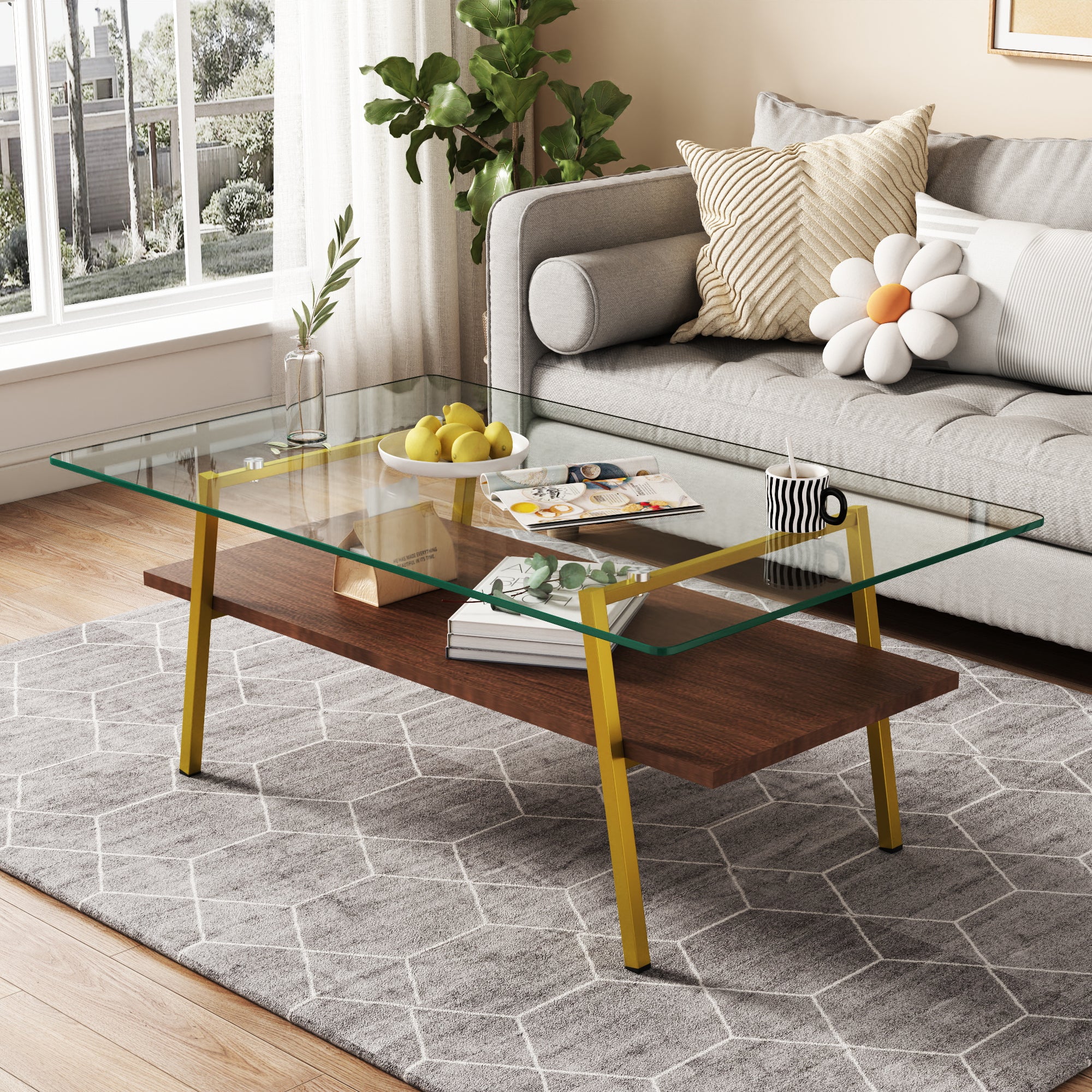 🆓🚛 Rectangle Coffee Table, Tempered Glass Tabletop With Gold Metal Legs, Modern Table for Living Room, Transparent Glass, Yellow Legs