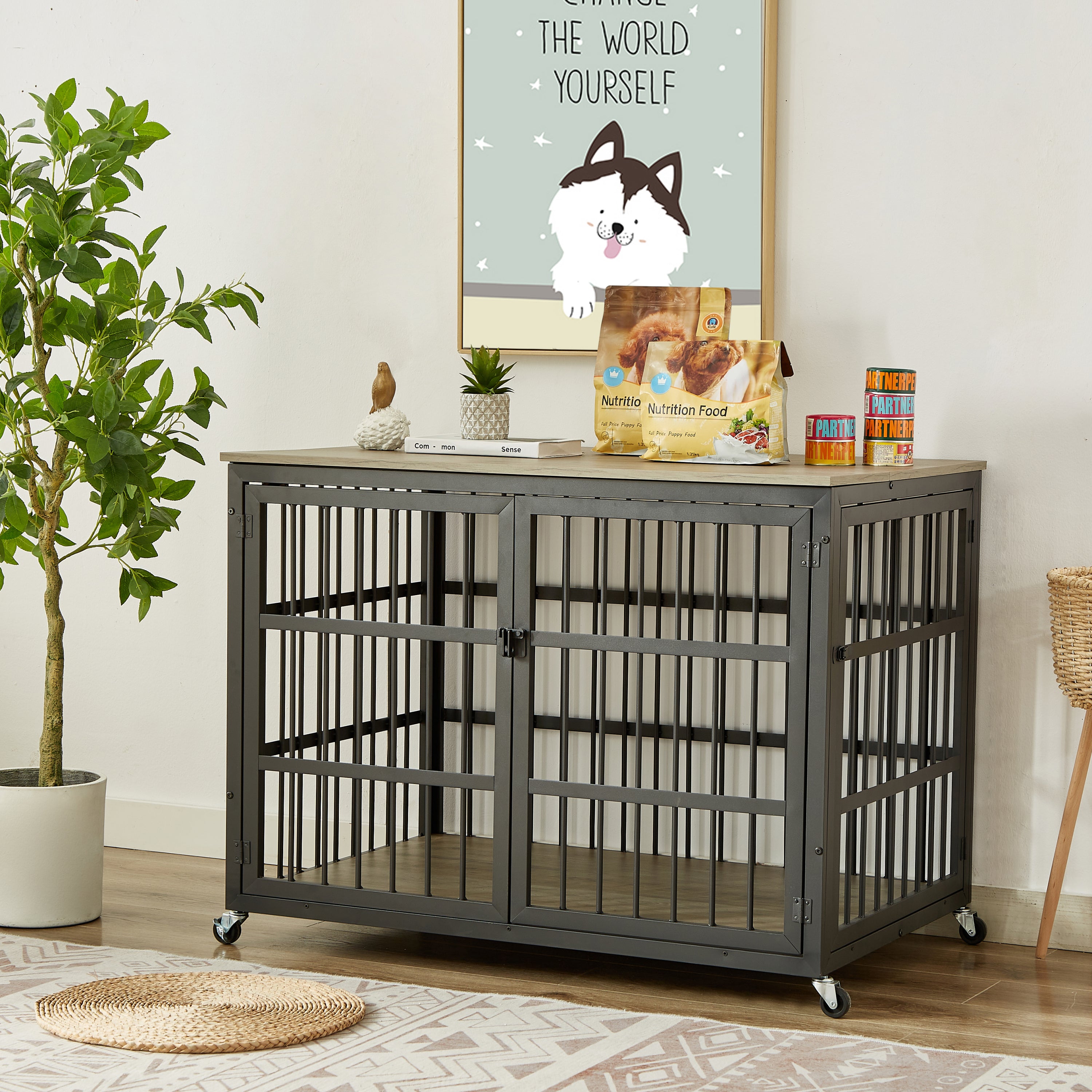 🆓🚛 Furniture Style Dog Crate Wrought Iron Frame Door With Side Openings, Gray, 43.3''W X 29.9''D X 33.5''H.