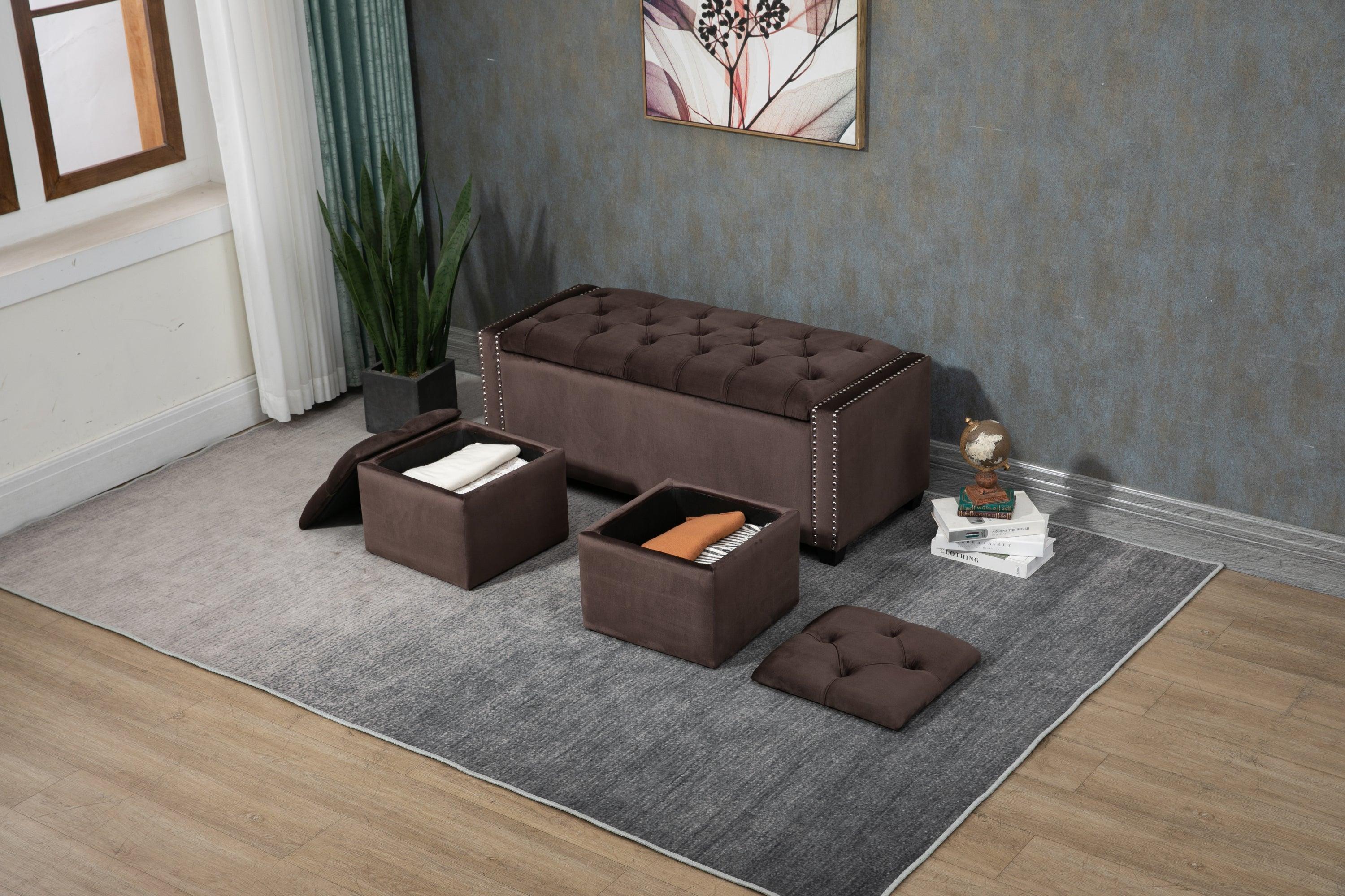🆓🚛 Set Of 3 - 1 Wide Upholstered Storage Ottoman With 2 Square Smaller Ottomans - Brown