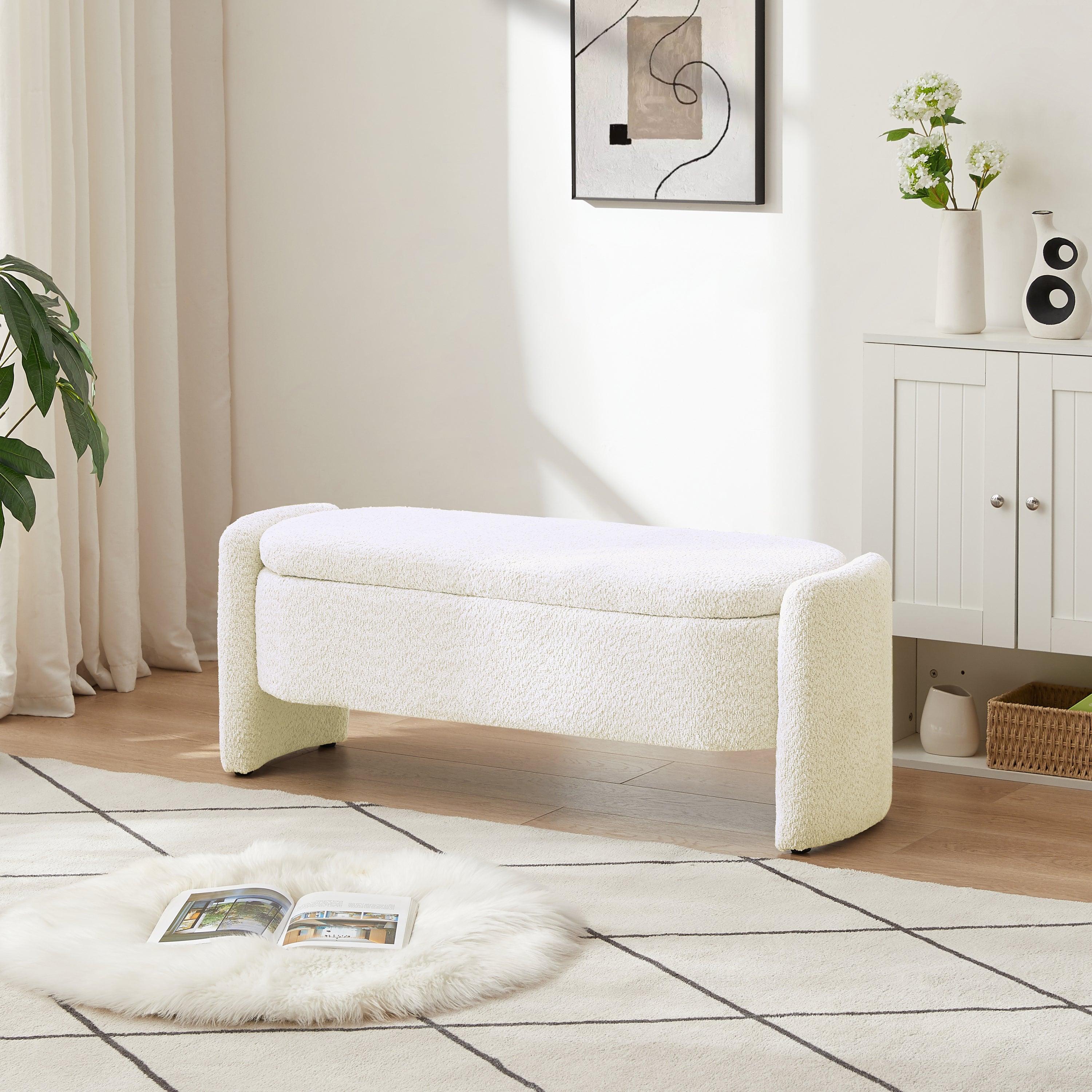 🆓🚛 Ottoman Oval Storage Bench 3D Lamb Fleece Fabric Bench With Large Storage Space for The Living Room, Entryway & Bedroom, Cream White