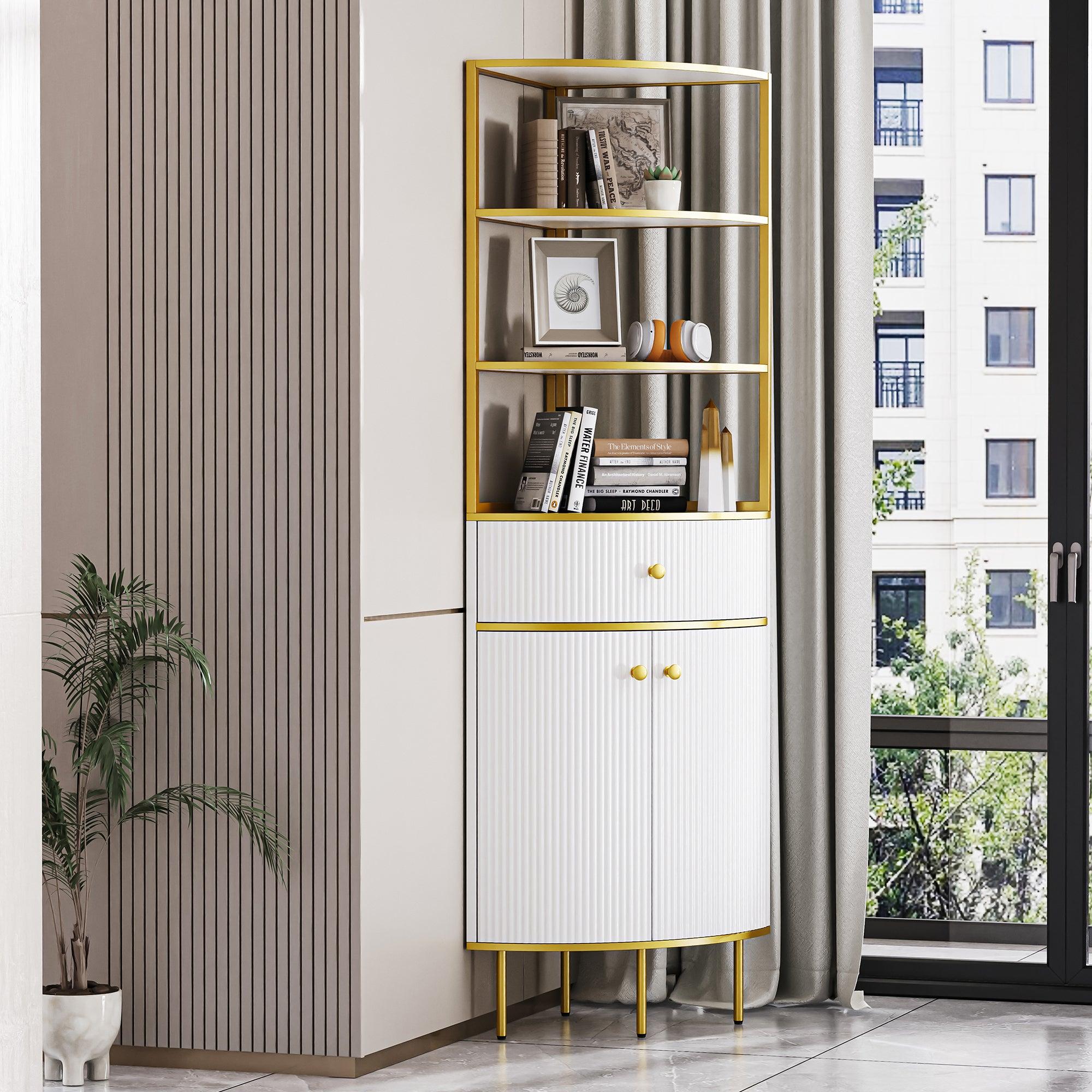 🆓🚛 74.8" Tall Modern Corner Bookshelf, Fan-Shaped Bookcase With 1 Drawer & 2 Doors, Wooden Standing Corner Shelf With Gold Metal Frame for Living Room, Home Office, White