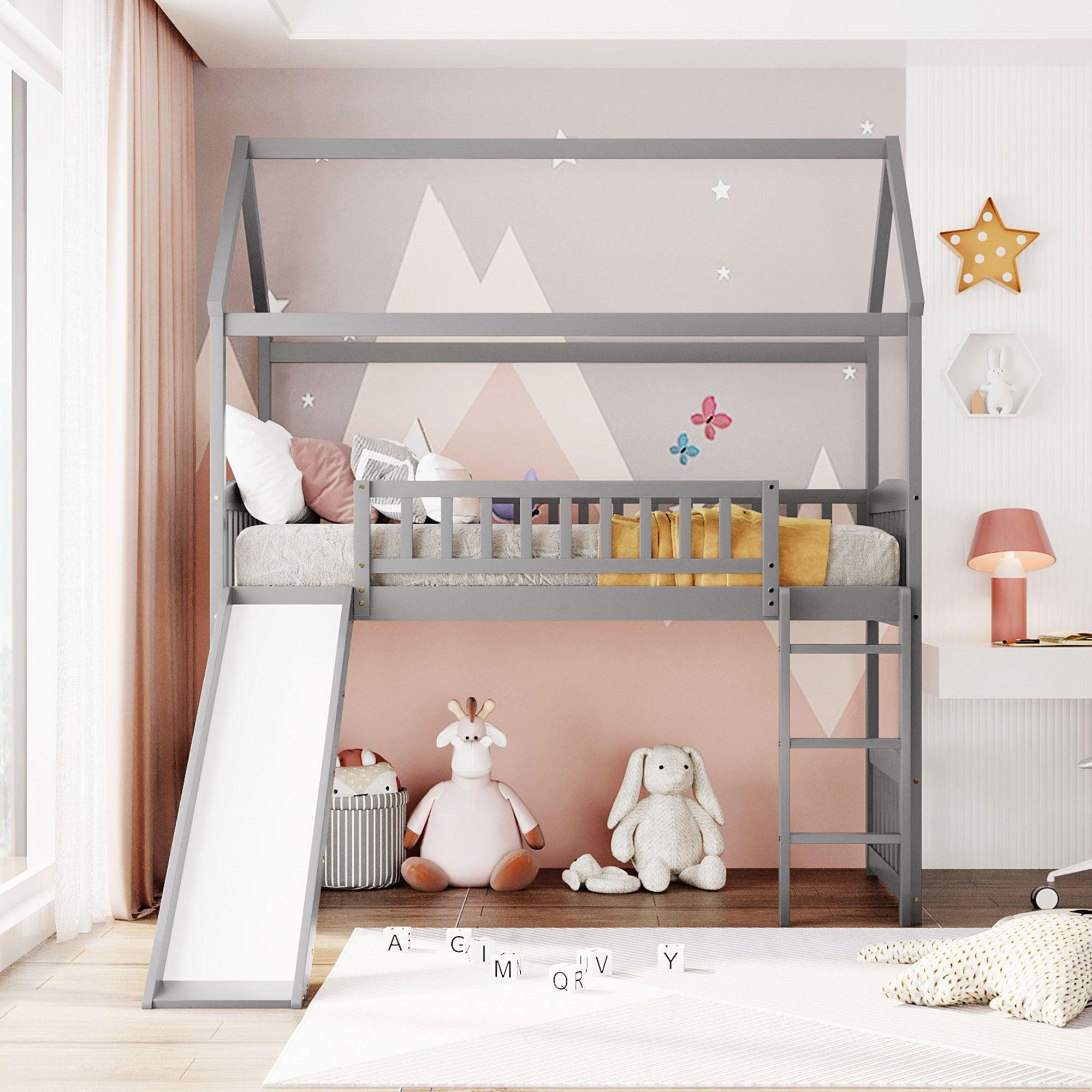 🆓🚛 Twin Loft Bed With Slide, House Bed With Slide, White