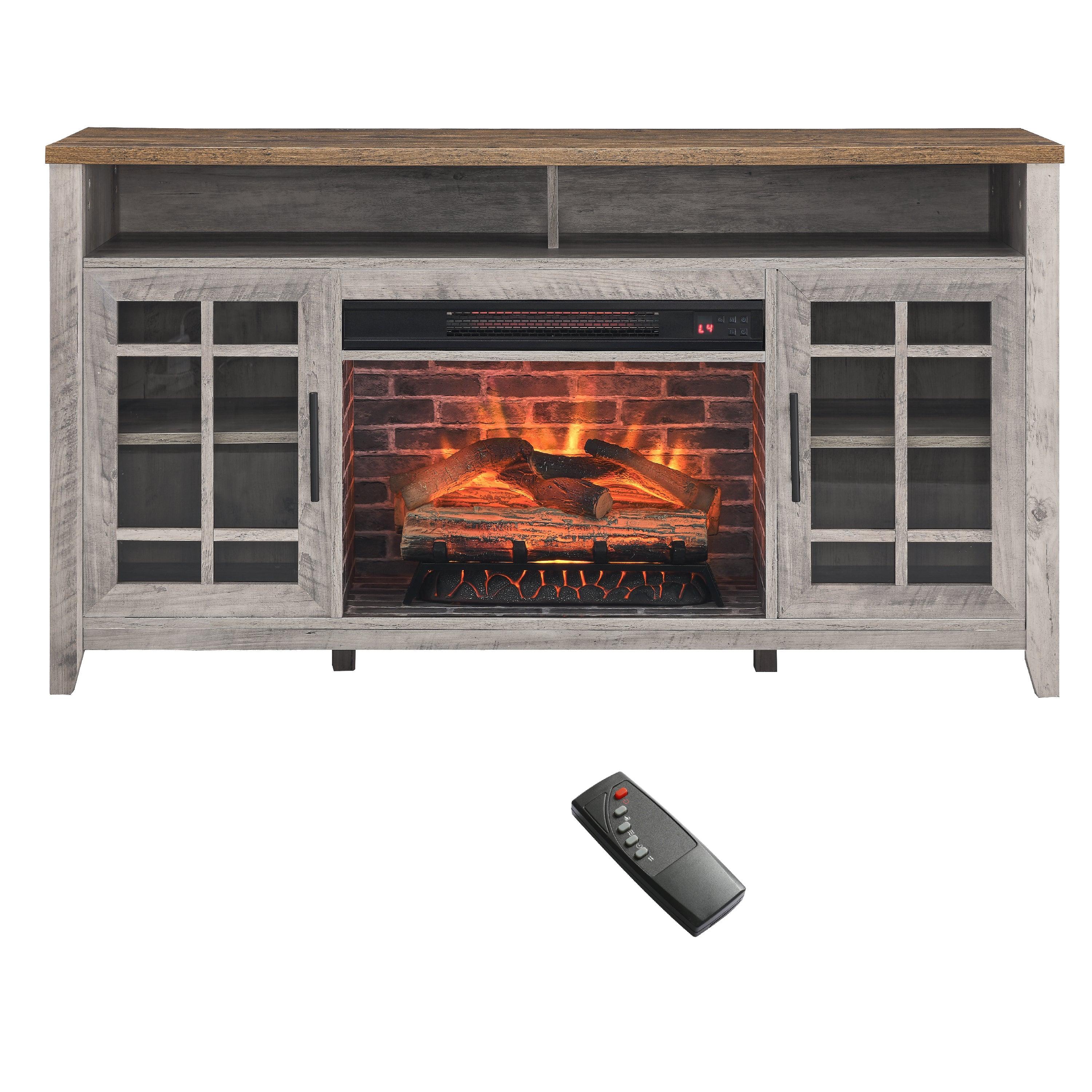 🆓🚛 55 Inch TV Media Stand With Electric Fireplace Kd Inserts Heater, Gray Wash Color