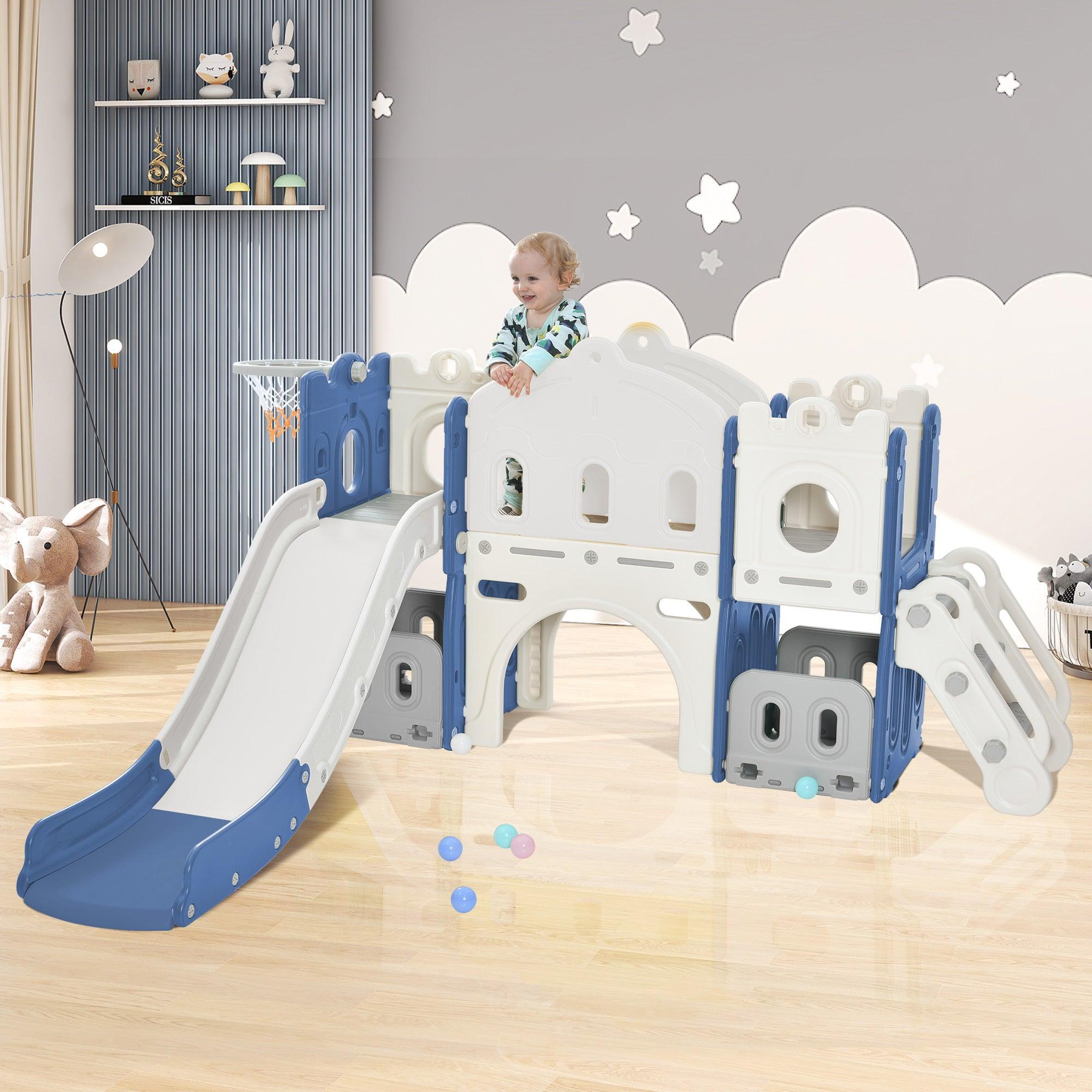 🆓🚛 Kids Slide Playset Structure, Freestanding Castle Climber With Slide & Basketball Hoop, Toy Storage Organizer for Toddlers, Kids Climbers Playhouse for Indoor Outdoor Playground Activity, Blue & White