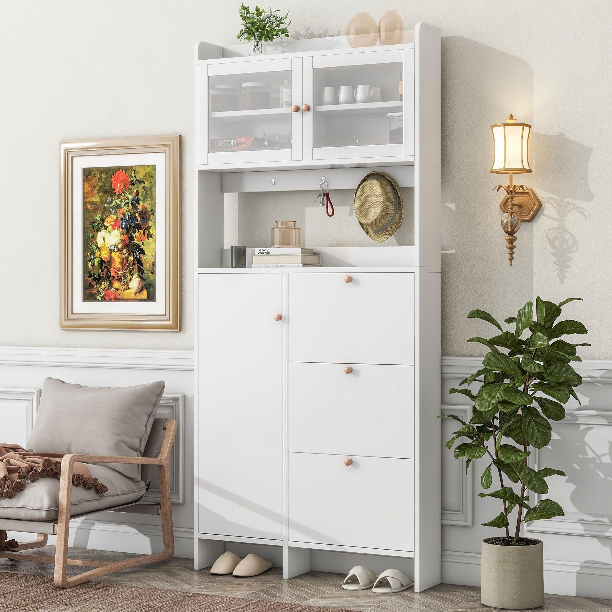 🆓🚛 Modernist Shoe Cabinet With Open Storage Space, Practical Hall Tree With 3 Flip Drawers, Multi-Functional & Integrated Foyer Cabinet With Tempered Glass Doors for Hallway, White