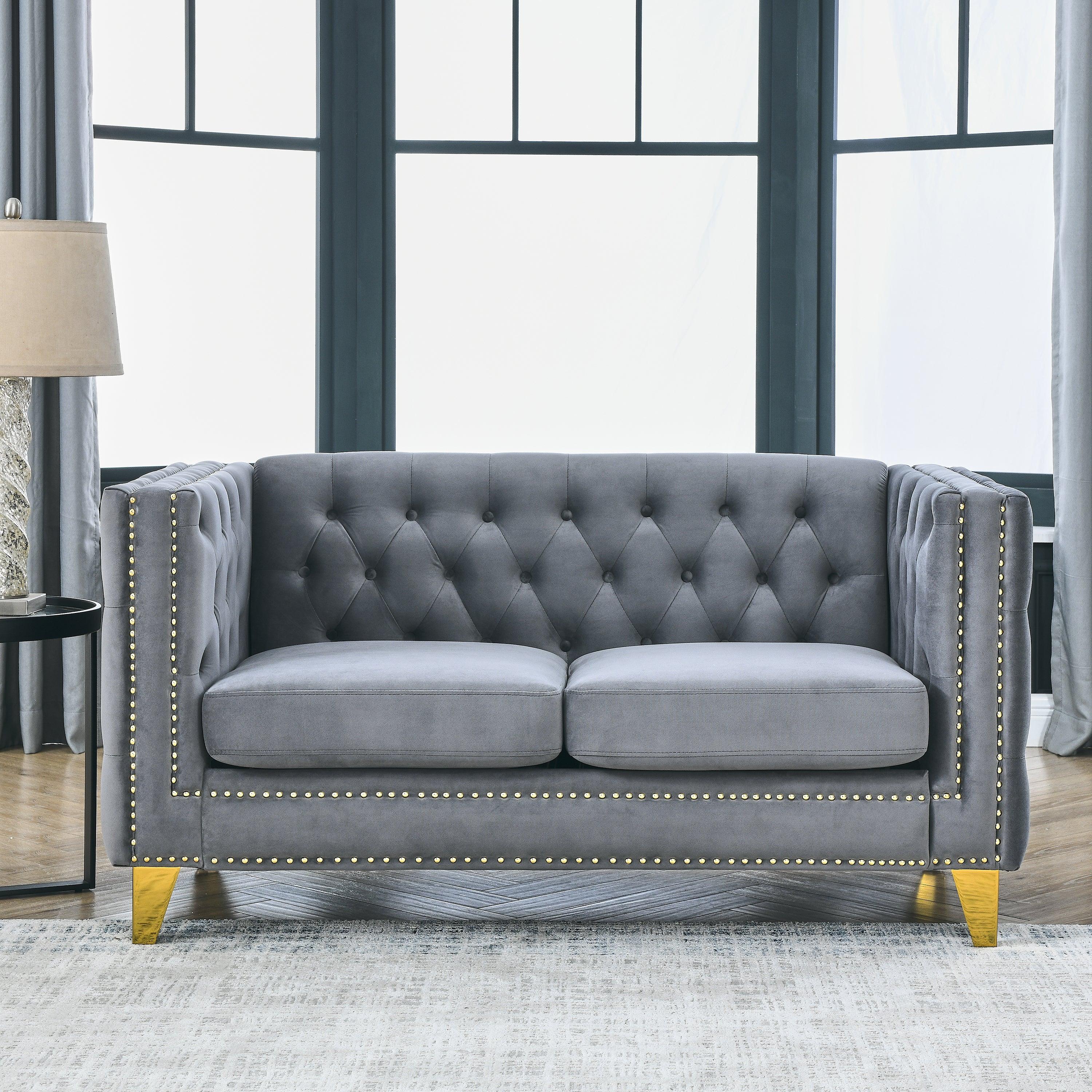 🆓🚛 58" 2 Seater Velvet Sofa for Living Room, Buttons Tufted Square Arm Couch, Modern Couch Upholstered Button & Metal Legs, Sofa Couch for Bedroom, Gray