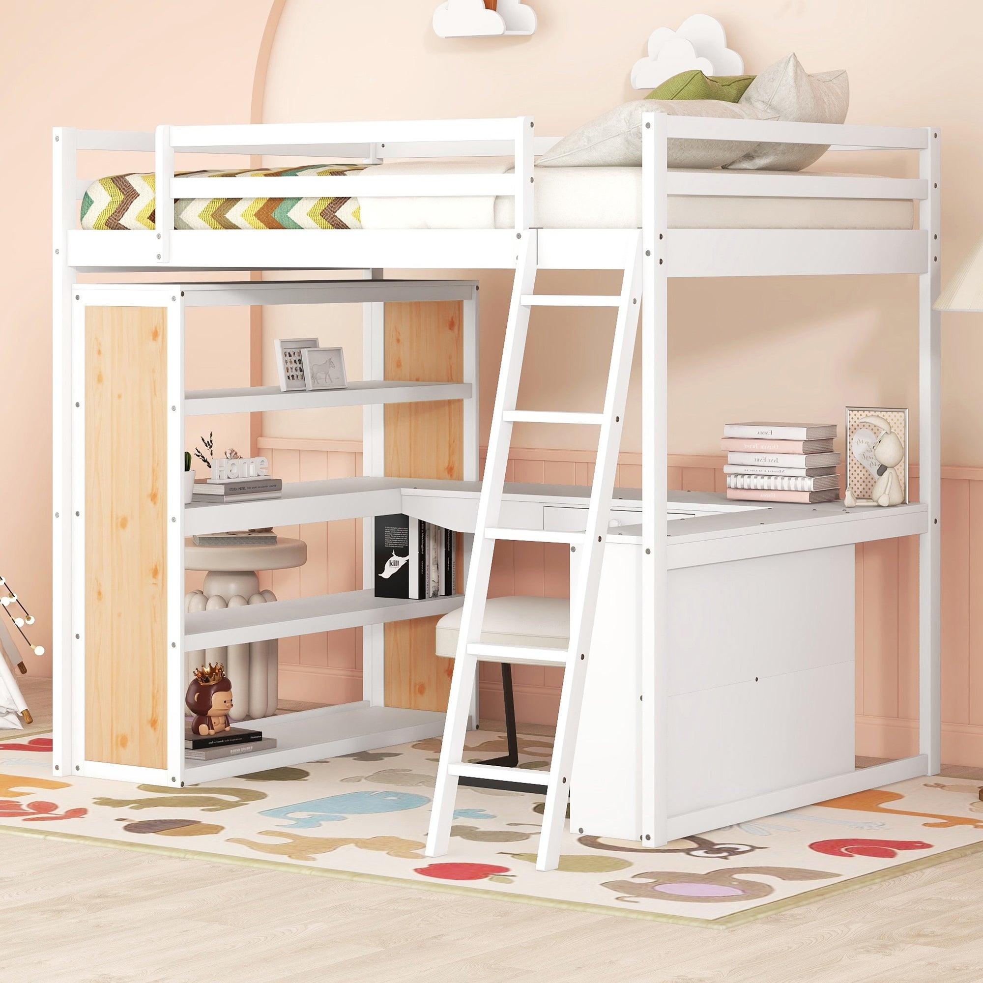 🆓🚛 Full Size Loft Bed With Ladder, Shelves, & Desk, White