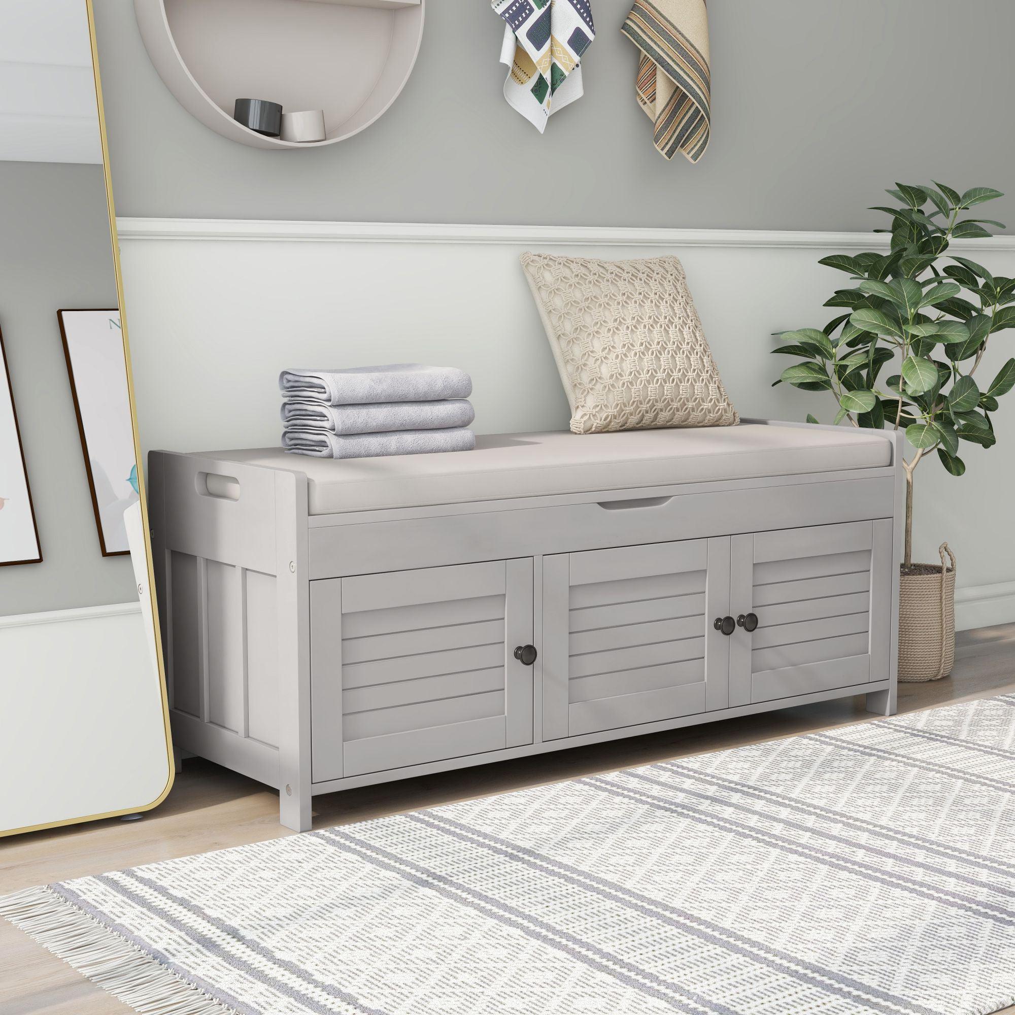 🆓🚛 Storage Bench With 3 Shutter-Shaped Doors, Shoe Bench With Removable Cushion & Hidden Storage Space, Gray Wash