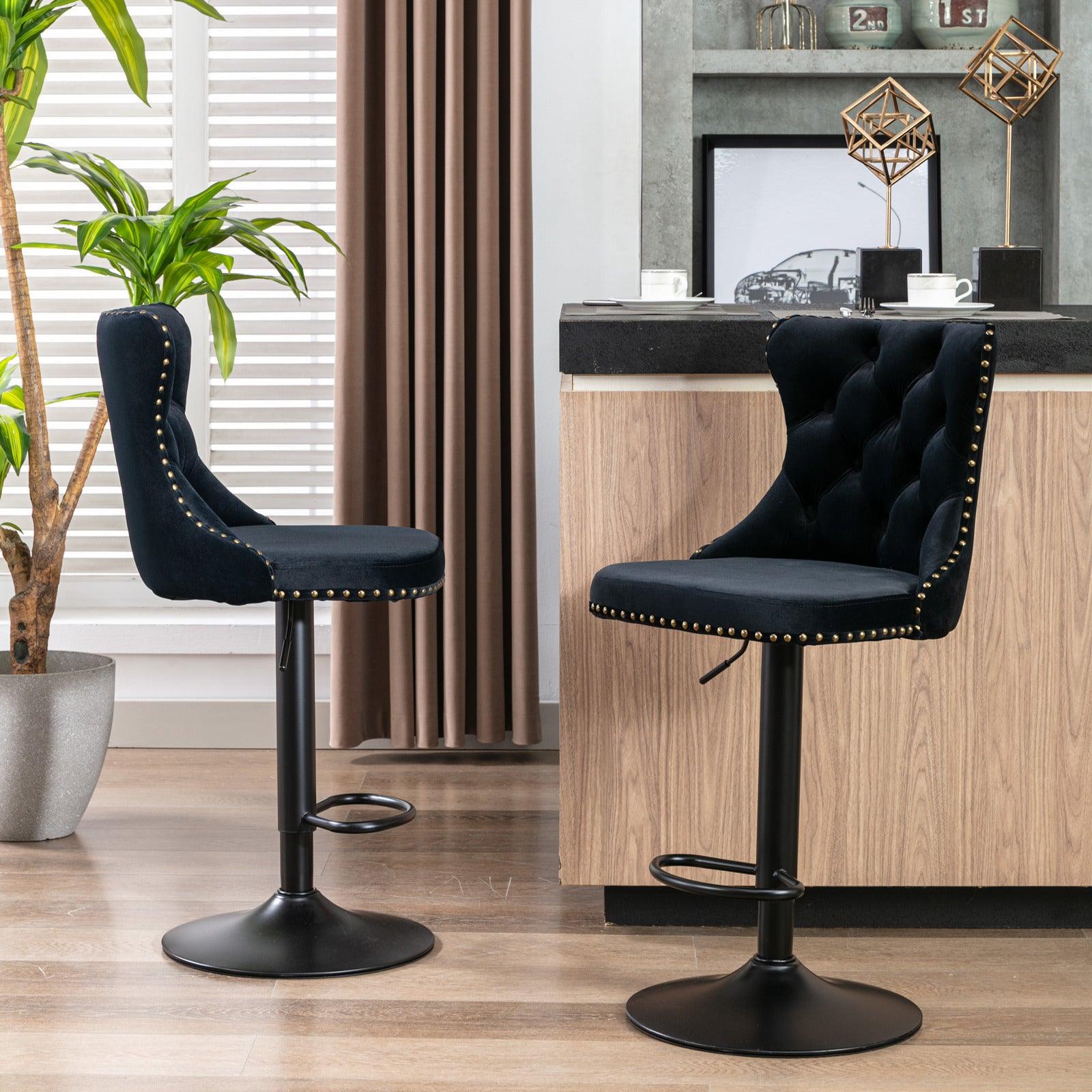 Swivel Velvet Barstools Adjusatble Seat Height From 25-33 Inch, Modern Upholstered Bar Stools With Backs Comfortable Tufted for Home Pub & Kitchen Island（Black, Set Of 2）