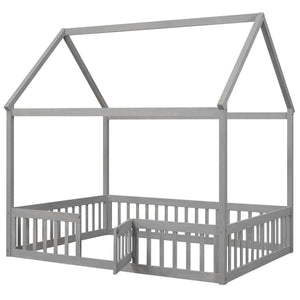 Full Size Wood House Bed With Fence And Door, Gray Wash