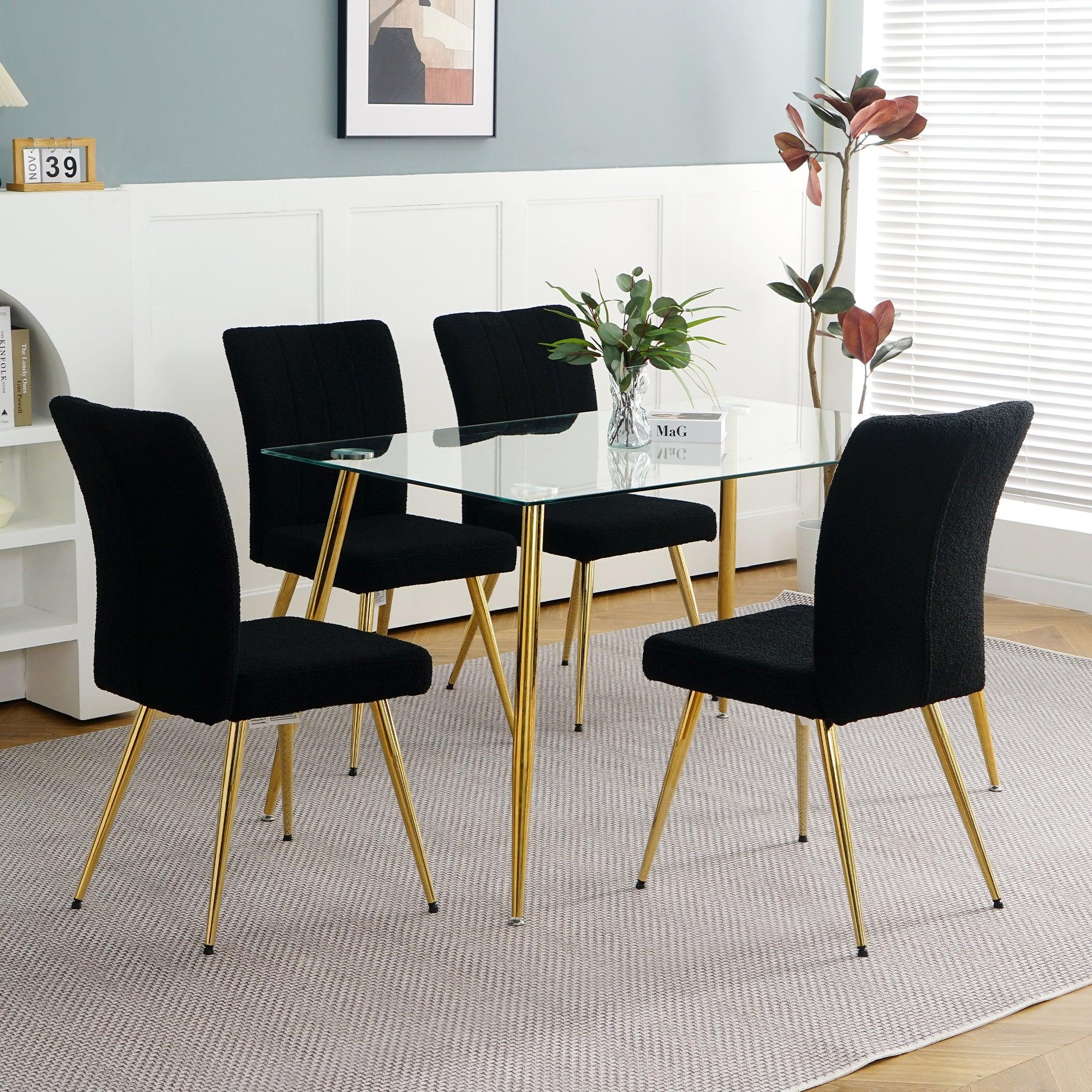 🆓🚛 Set Of 4 Modern Teddy Wool Dining Chairs, Upholstered Chair With Fabric Accent Side Chair With Gold-Plated Metal Legs for Family Furniture Living Room, Bedroom, Kitchen, Dining Room, Black