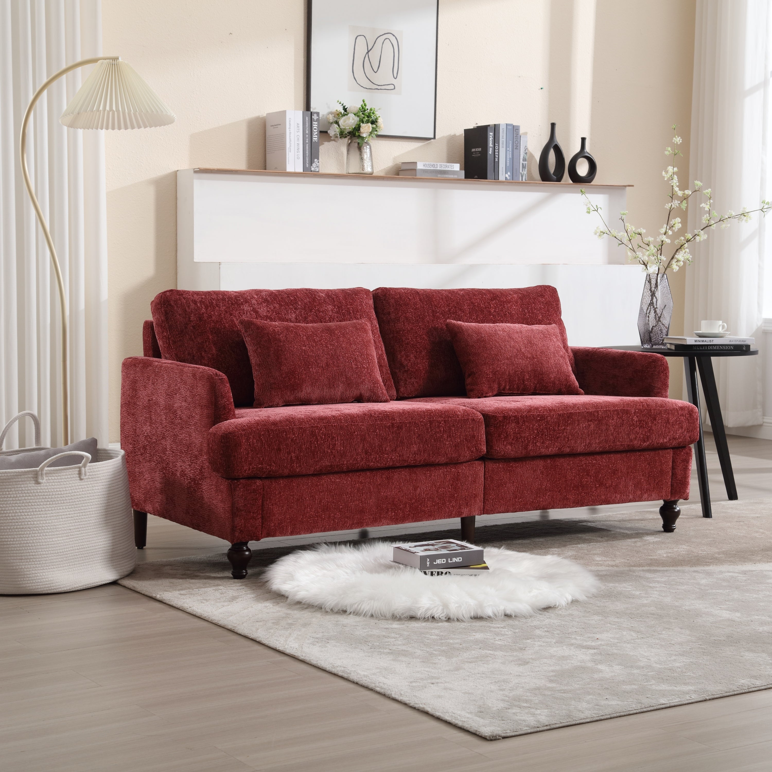 🆓🚛 68.9" Modern Chenille Fabric Loveseat, 2-Seat Upholstered Loveseat Sofa Modern Couch, Wine Red