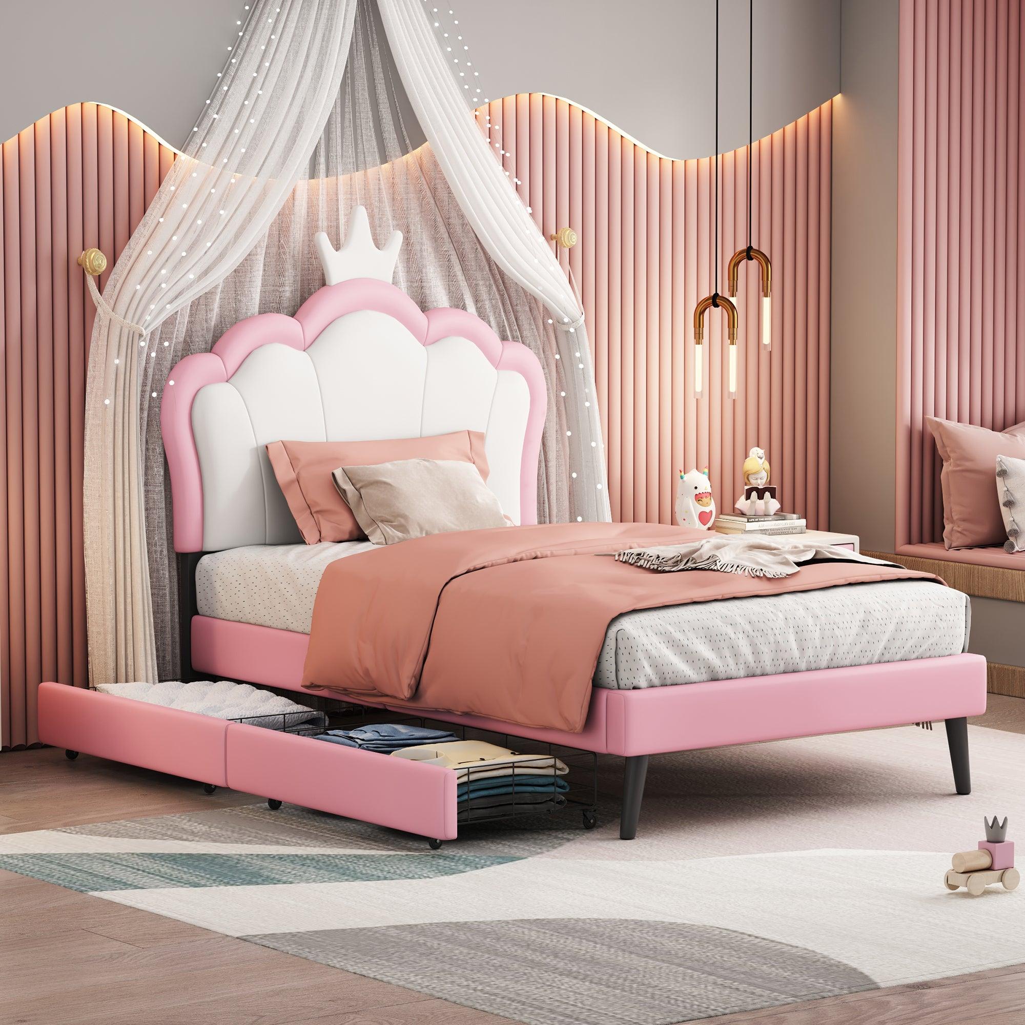 🆓🚛 Twin Size Upholstered Princess Bed With Crown Headboard & 2 Drawers, Twin Size Platform Bed With Headboard & Footboard, White & Pink