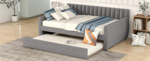 Full Size Upholstered Daybed With Trundle And Wood Slat Support, Gray