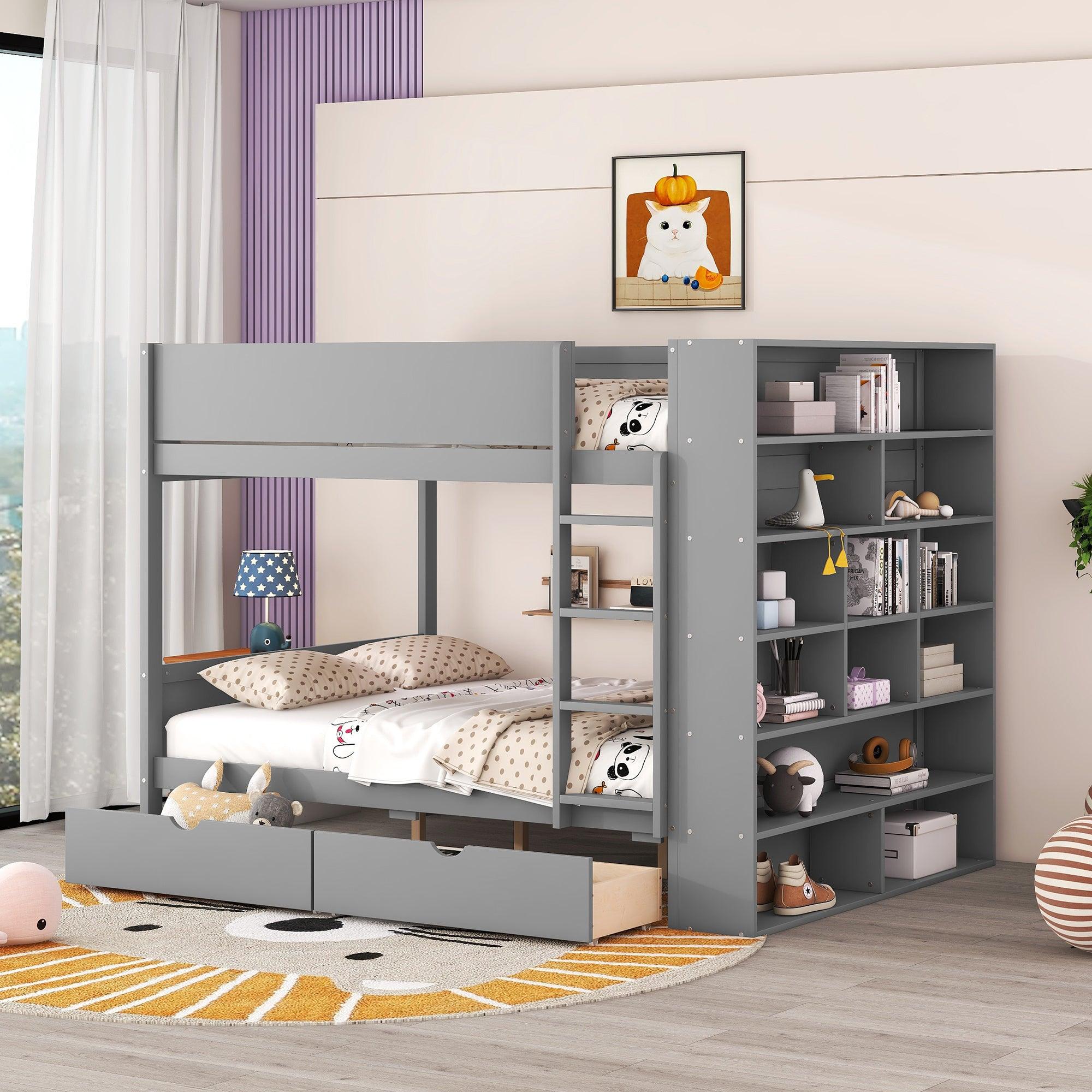 🆓🚛 Full Over Full Bunk Bed With 2 Drawers & Multi-Layer Cabinet, Gray