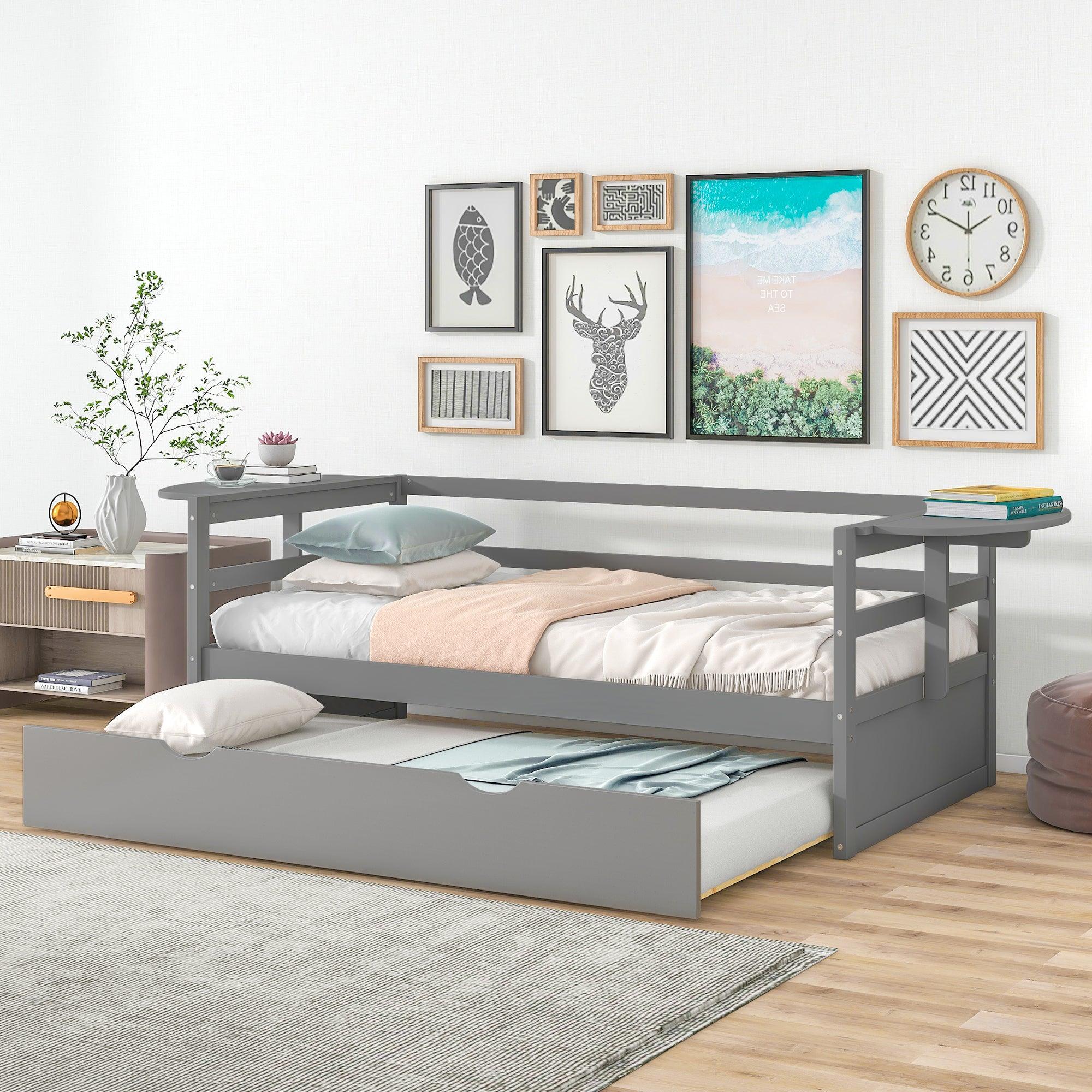 🆓🚛 Twin Size Daybed With Trundle & Foldable Shelves On Both Sides, Gray