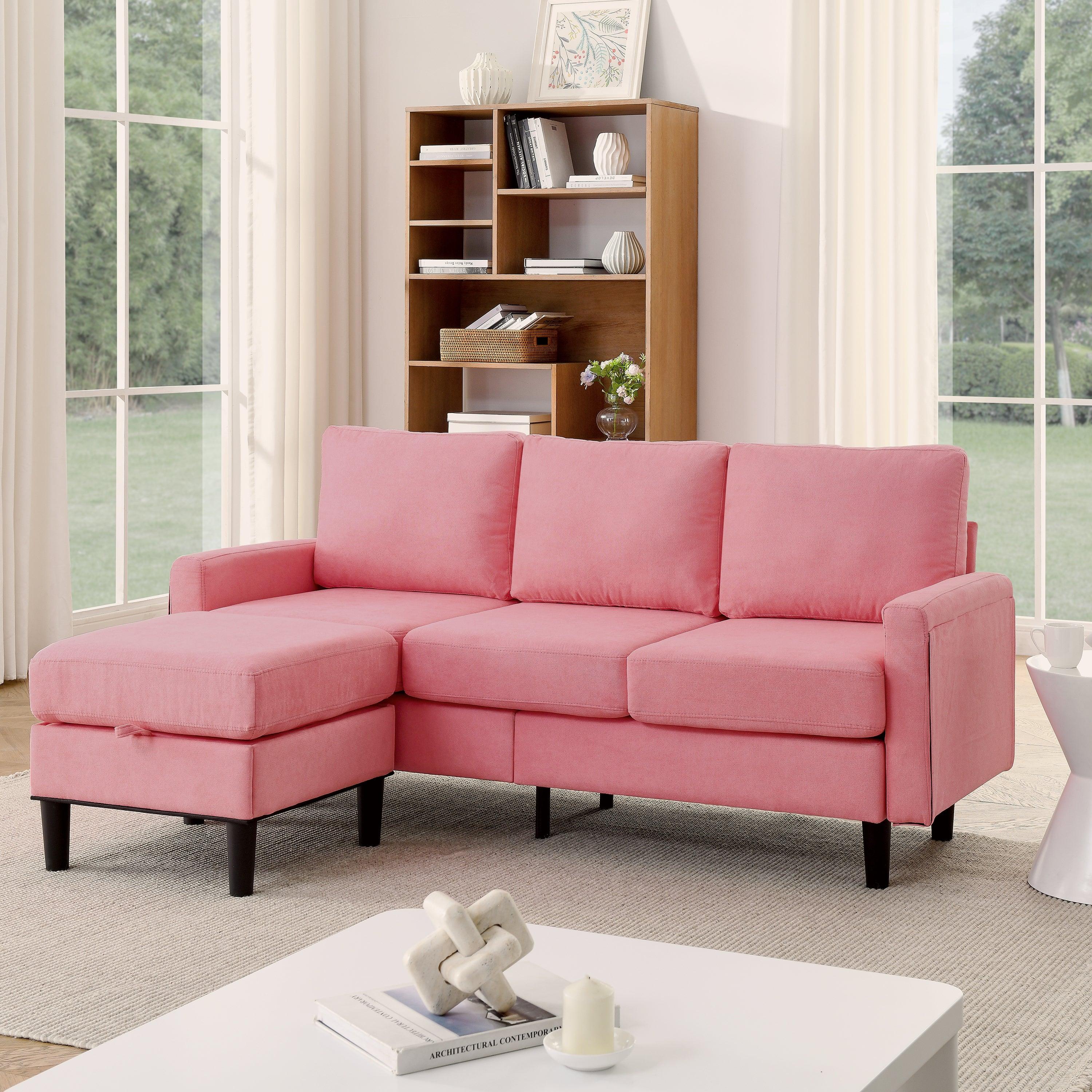 🆓🚛 Upholstered Sectional Sofa Couch, L Shaped Couch With Storage Reversible Ottoman Bench 3 Seater for Living Room, Apartment, Compact Spaces, Fabric Pink