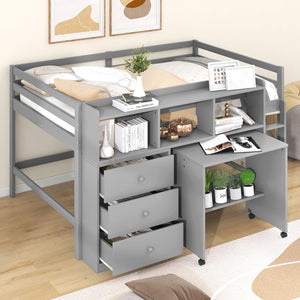 Full Size Low Loft Bed with Rolling Portable Desk, Drawers and Shelves, Gray