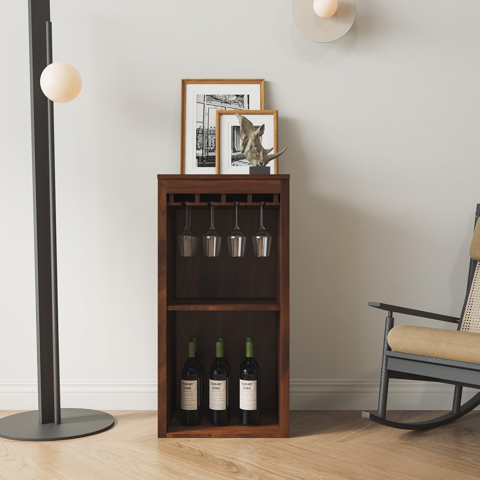 🆓🚛 Brown Walnut Color Modular Wine Bar Cabinet With Storage Shelves With Hutch for Dining Room