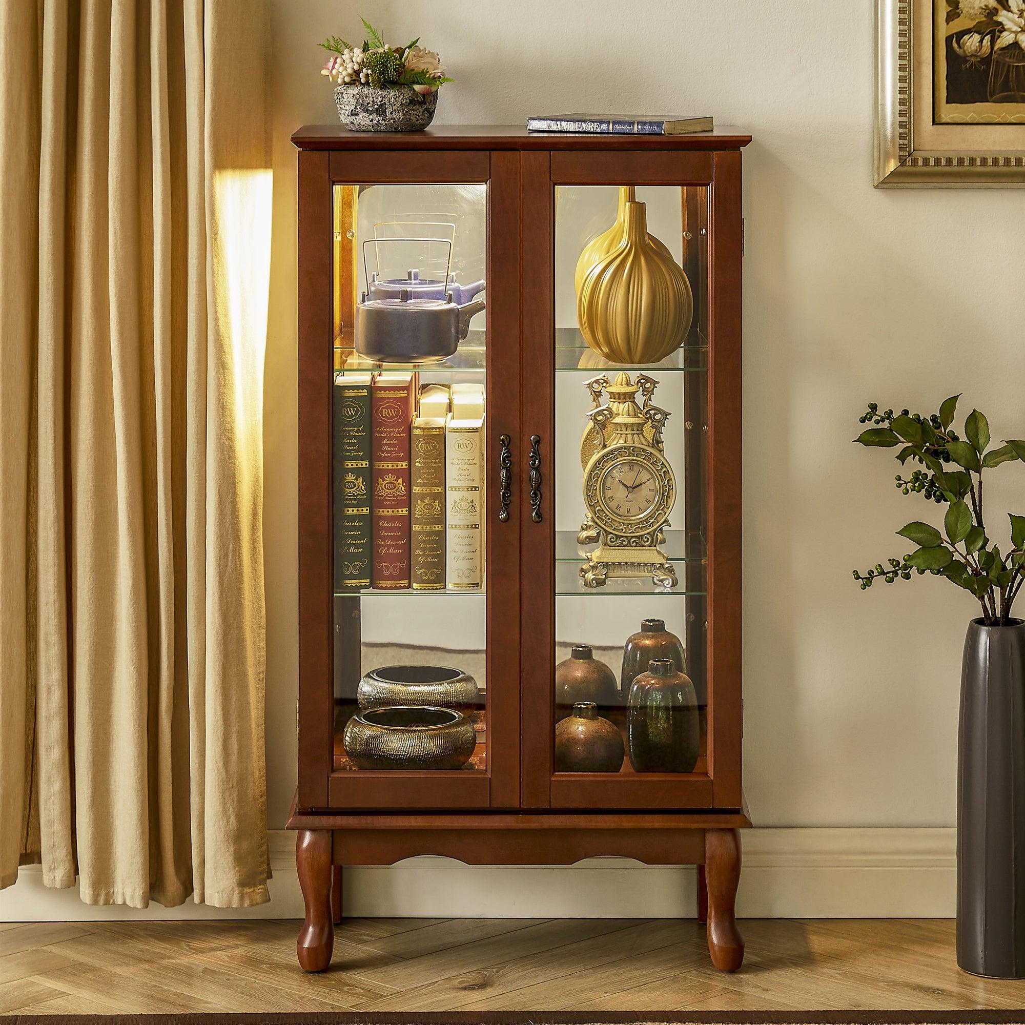 🆓🚛 3 Tier Curio Cabinet Lighted Diapaly Cabinet With Adjustable Shelves & Mirrored Back Panel, Tempered Glass Doors, Walnut, (E26 Light Bulb Not Included)