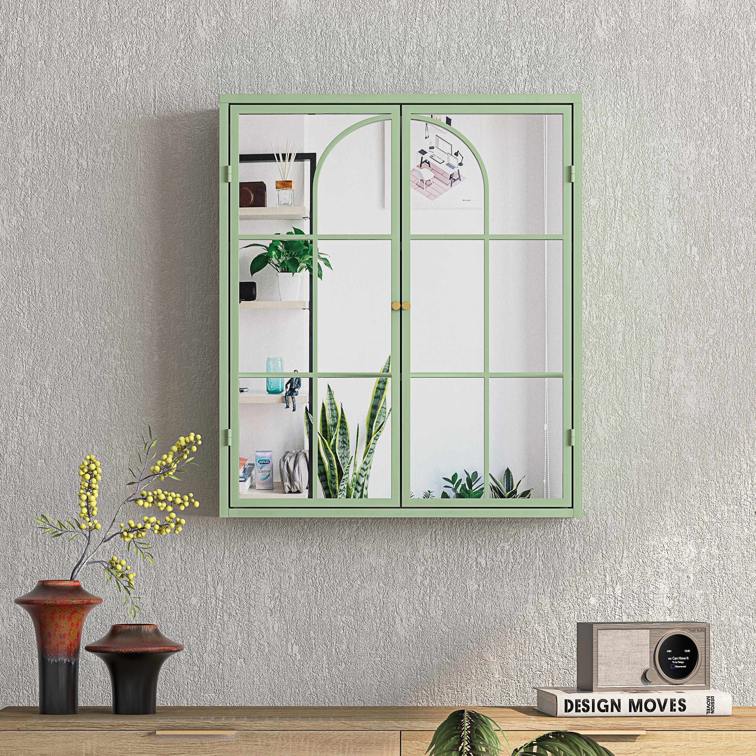 🆓🚛 23.62 "Vintage Two Door Wall Cabinet With Mirror, Three-Level Entrance Storage Space for Living Room, Bathroom, Dining Room, Green