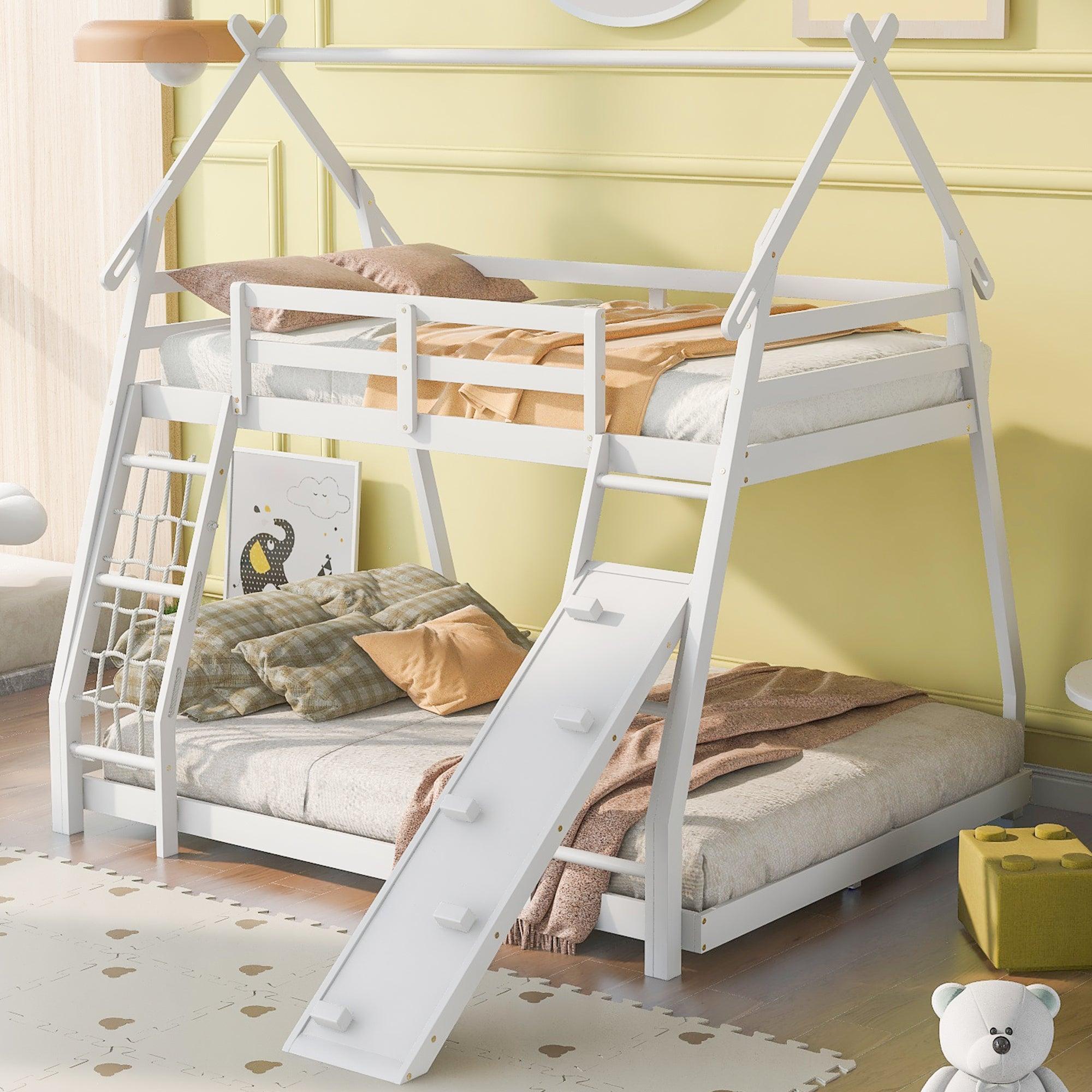 🆓🚛 Twin Over Queen House Bunk Bed With Climbing Nets & Climbing Ramp, White