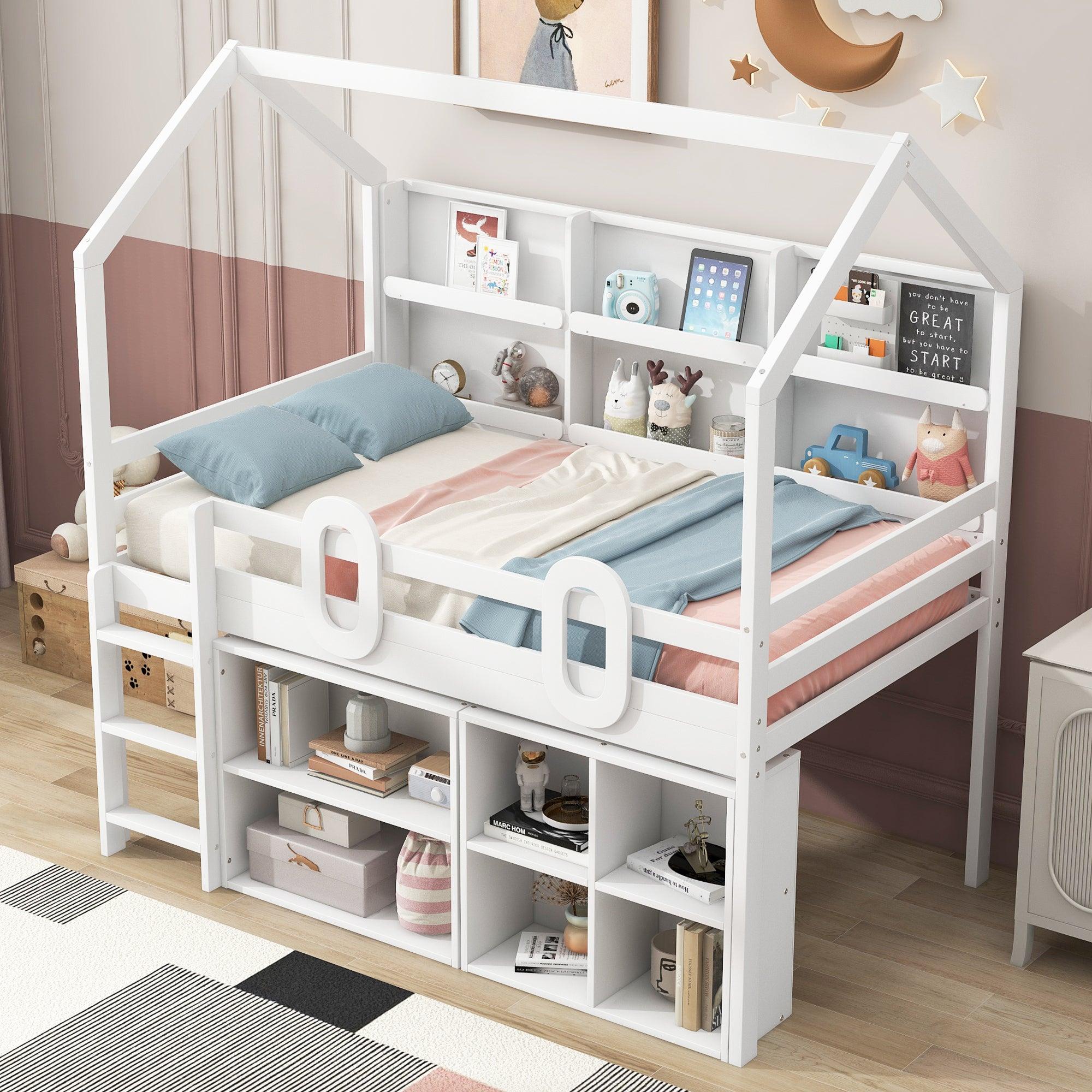 🆓🚛 Twin Size House Loft Bed With Multiple Storage Shelves, White