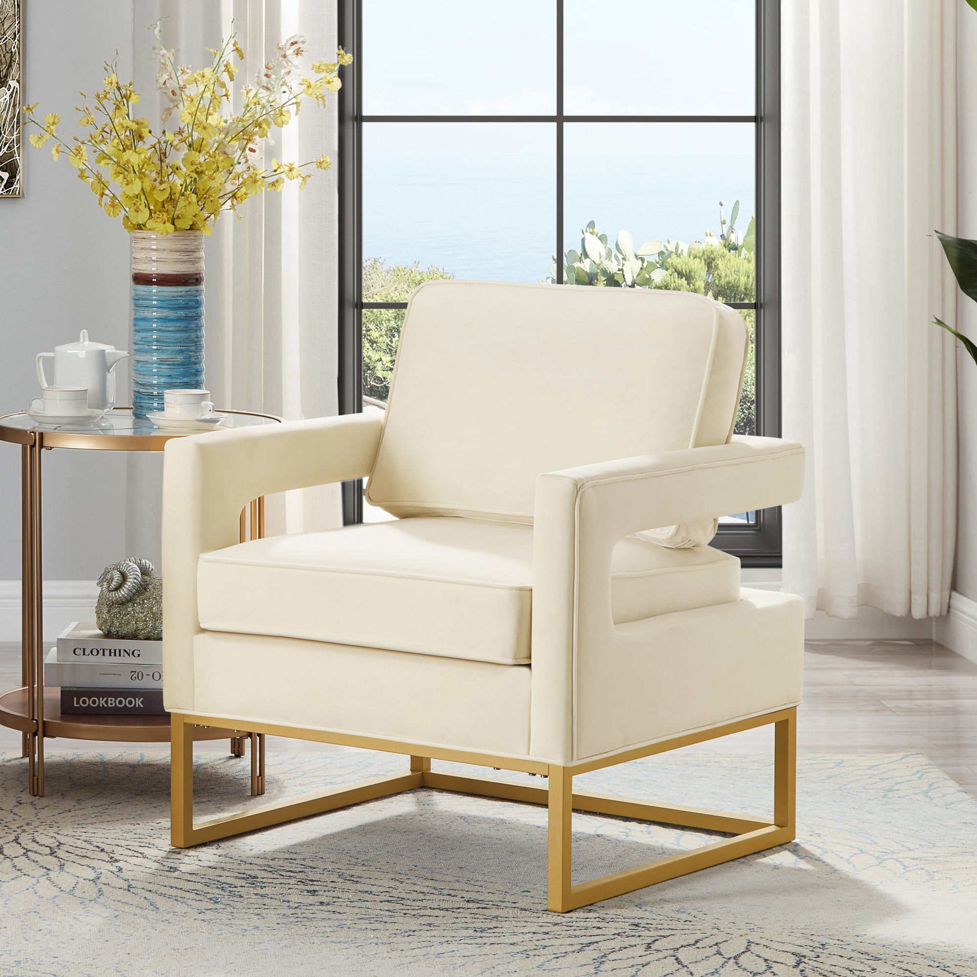 🆓🚛 Modern Style Accent Chair With Gold Metal Base, Velvet Upholstered Leisure Chair With Open Armrest, Armchair, Cream