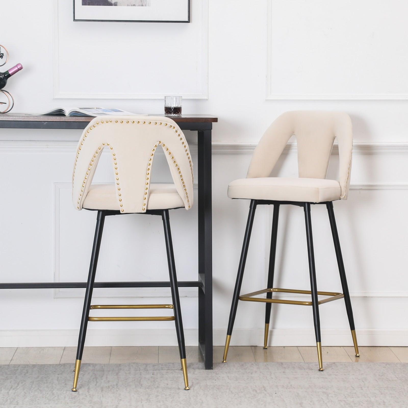 🆓🚛 Modern | Contemporary Velvet Upholstered Connor 28" Bar Stools With Nailheads & Gold Tipped Black Metal Legs, Set Of 2, Beige