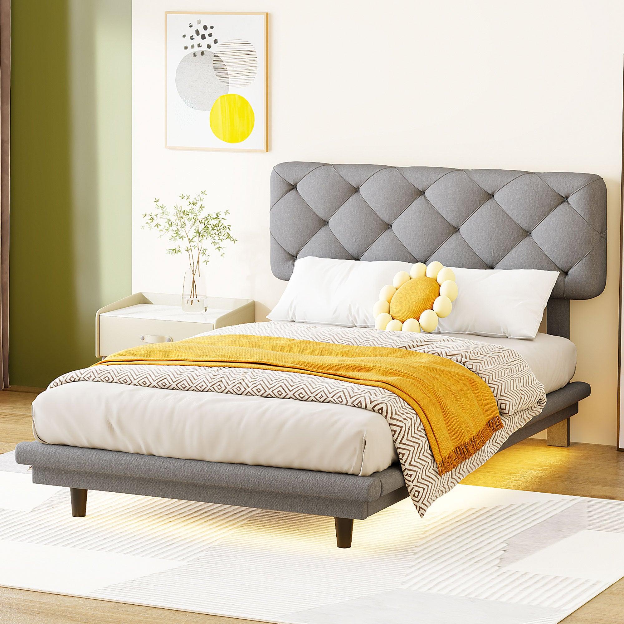 🆓🚛 Twin Size Upholstered Bed With Light Stripe, Floating Platform Bed, Linen Fabric, Gray