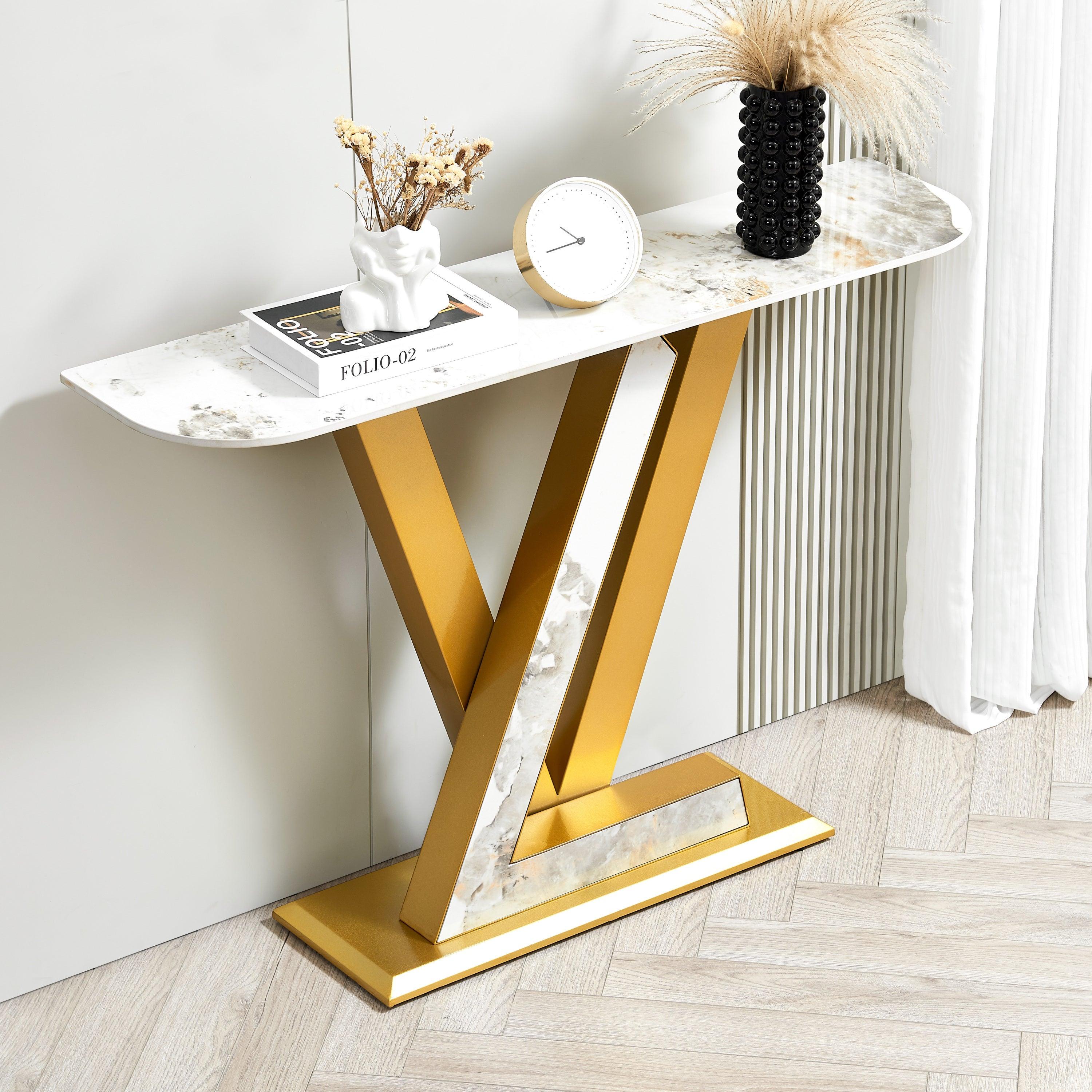 47.2" Modern Console Table, Exquisite shape design, Metal Frame with Adjustable foot pads for Entrance, Corridor, Living room   &   Office.(Gold)