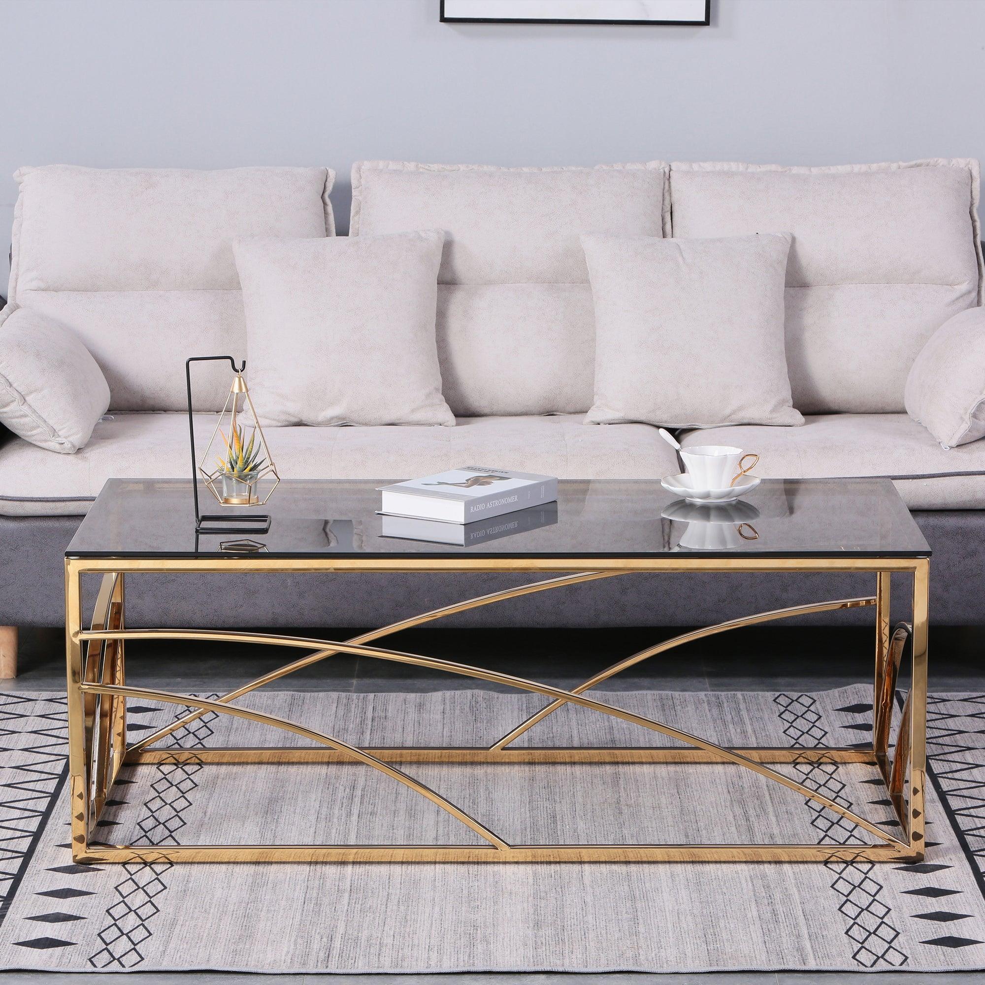 🆓🚛 46.8" Modern Stainless Steel Rectangular Accent Glass Coffee Table for Living Room, Blue Gray Tempered Glass, Gold Frame