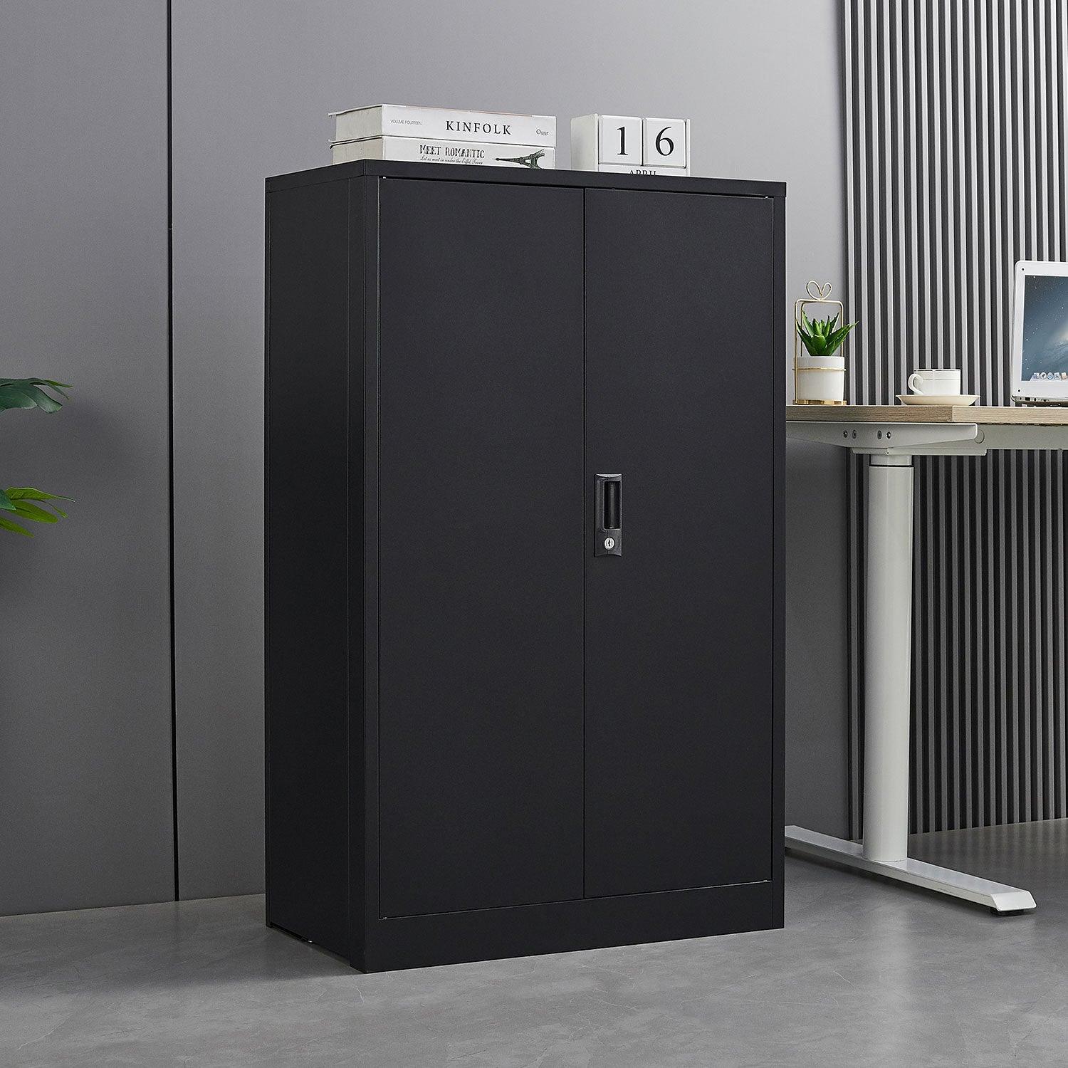 🆓🚛 Low Metal Storage Cabinet With Locking Doors & Adjustable Shelves - Black