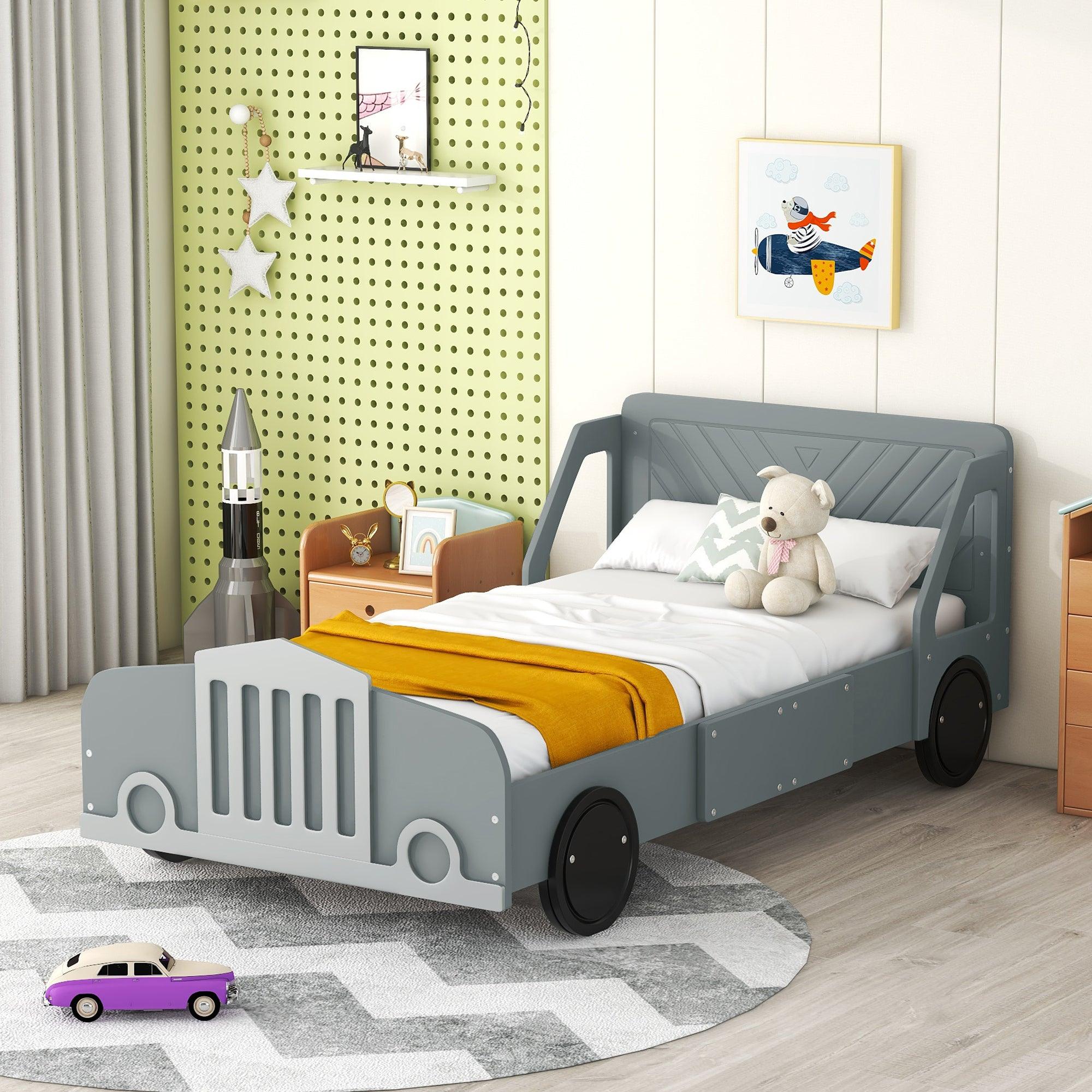 🆓🚛 Twin Size Car-Shaped Platform Bed With Wheels, Gray