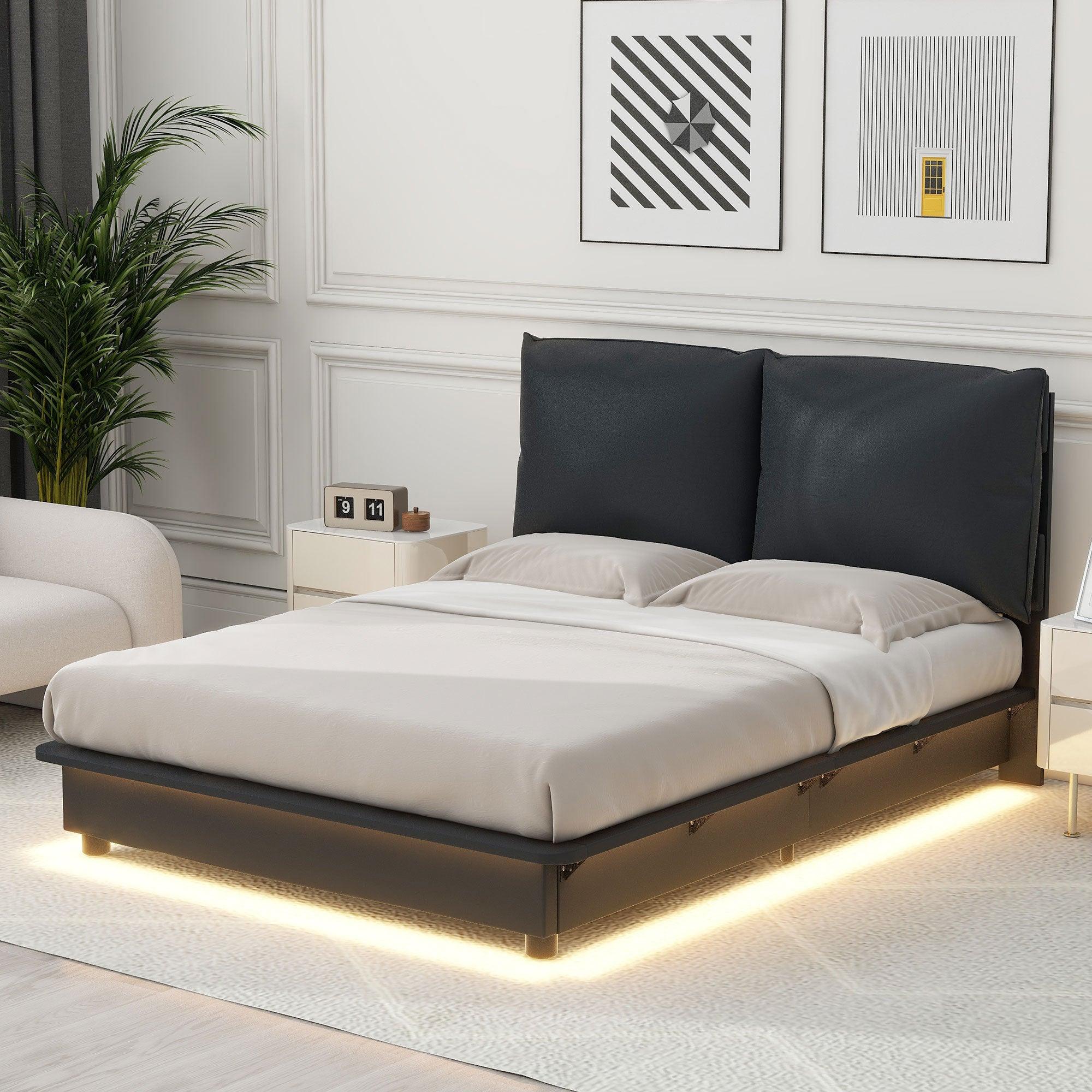 🆓🚛 Full Size Upholstered Platform Bed With Sensor Light & Ergonomic Design Backrests, Black