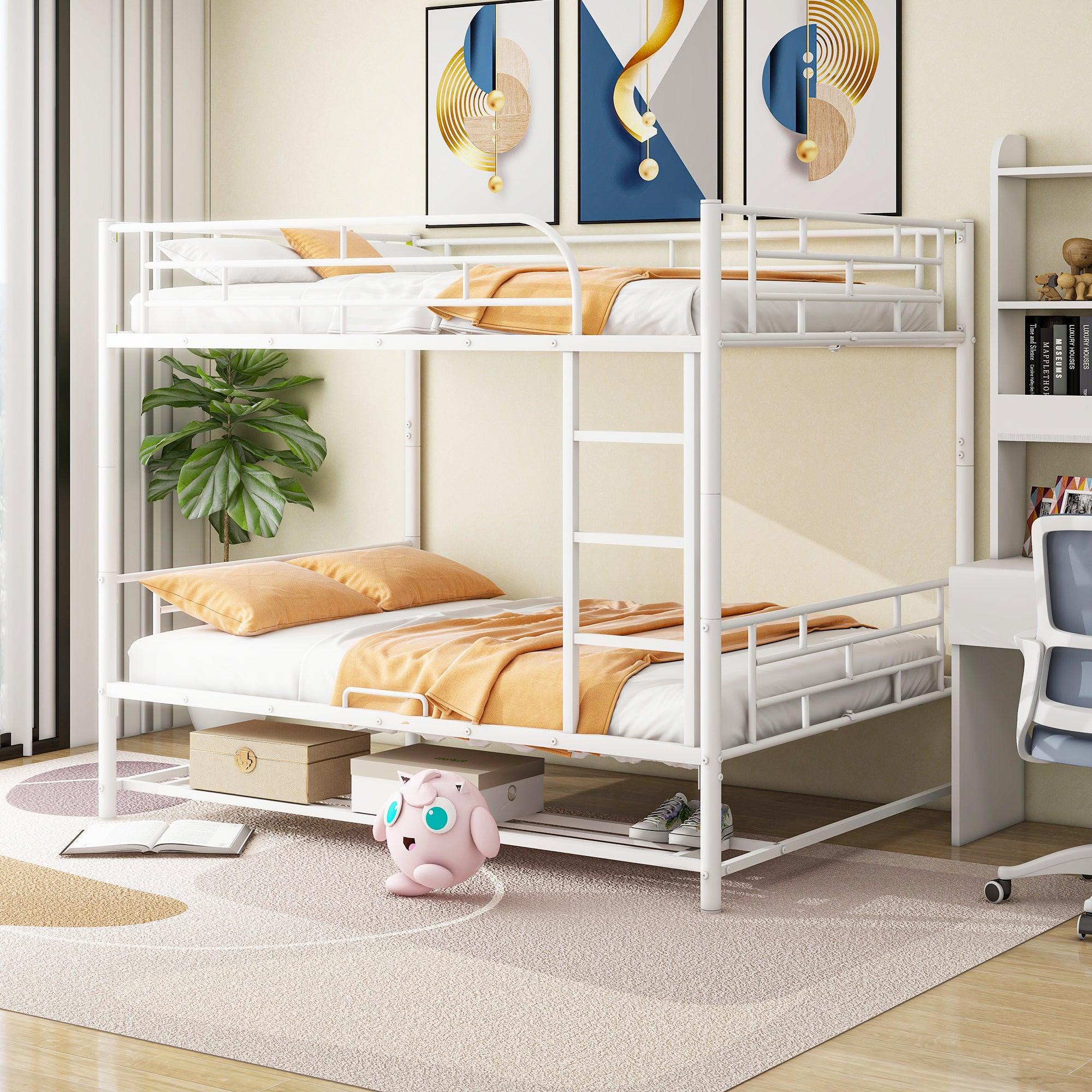 🆓🚛 Full Over Full Metal Bunk Bed With Shelf & Guardrails, White