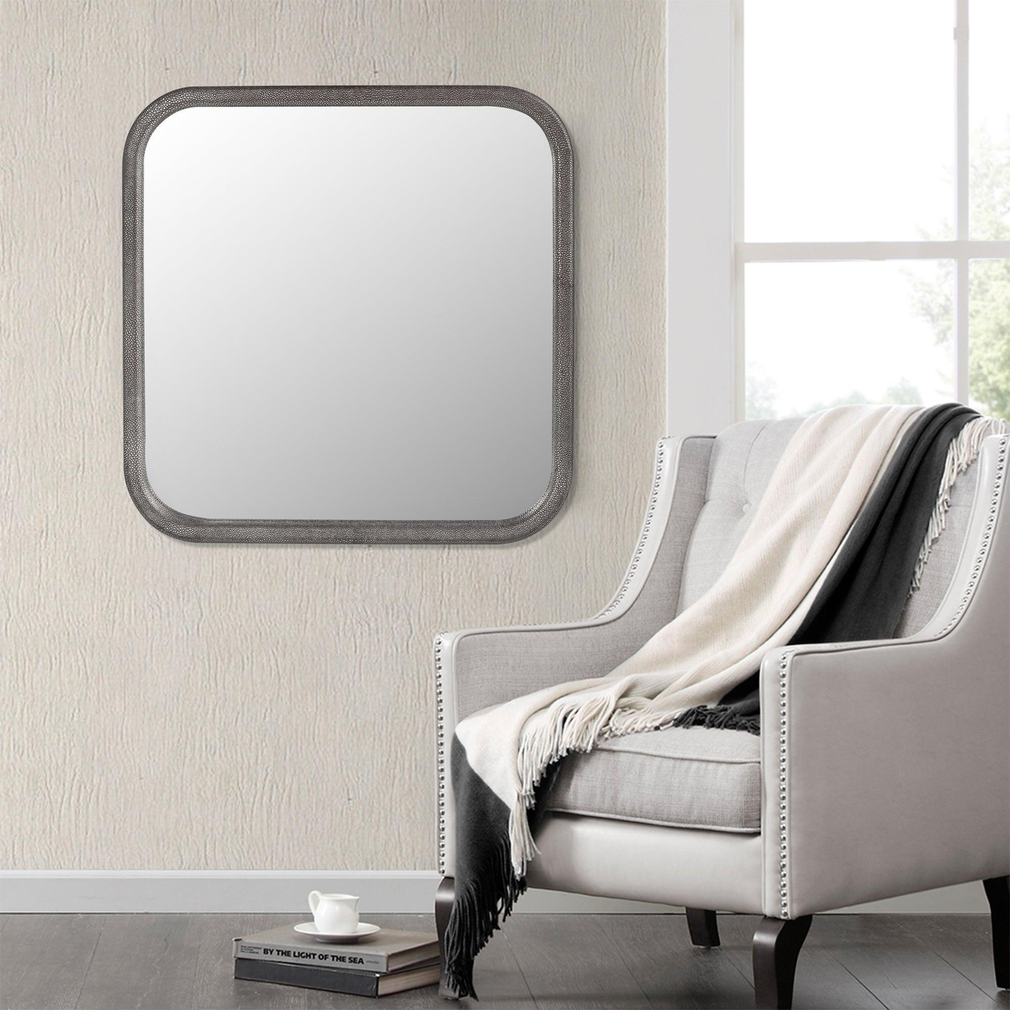 🆓🚛 Square Pewter Decorative Wall Hanging Mirror, Pu Covered Mdf Framed Mirror for Bedroom Living Room Vanity Entryway Wall Decor, 23.62X23.62"