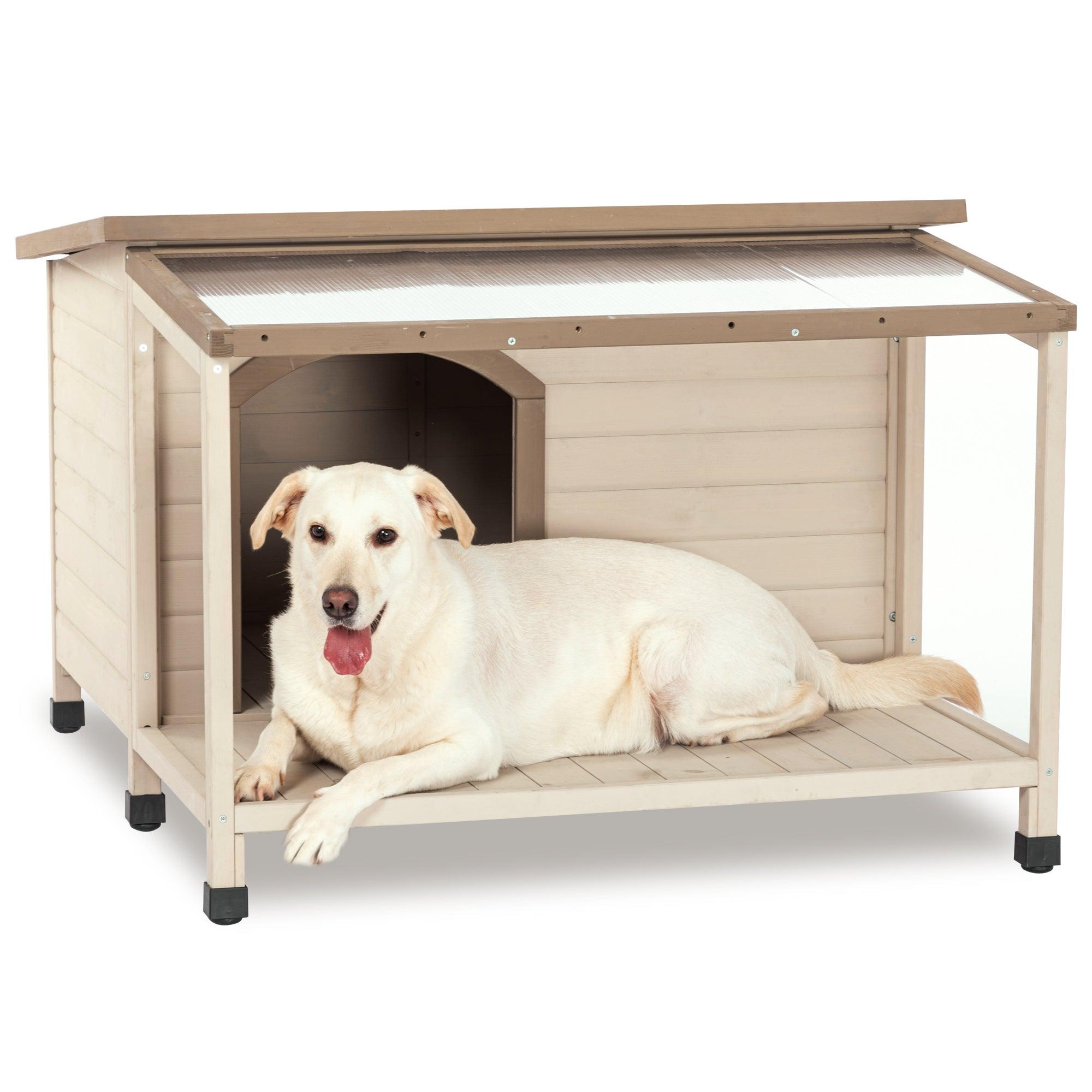 🆓🚛 Outdoor Fir Wood Dog House With An Open Roof Ideal for Small To Medium Dogs Dog House With Large Terrace With Clear Roof.Weatherproof Asphalt Roof & Treated Wood.