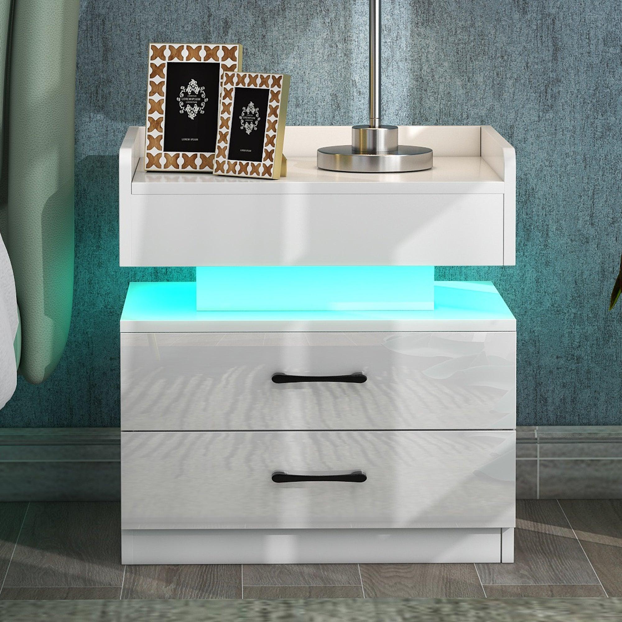 🆓🚛 Nightstand With 2 Drawers, Usb Charging Ports & Remote Control Led Light-White