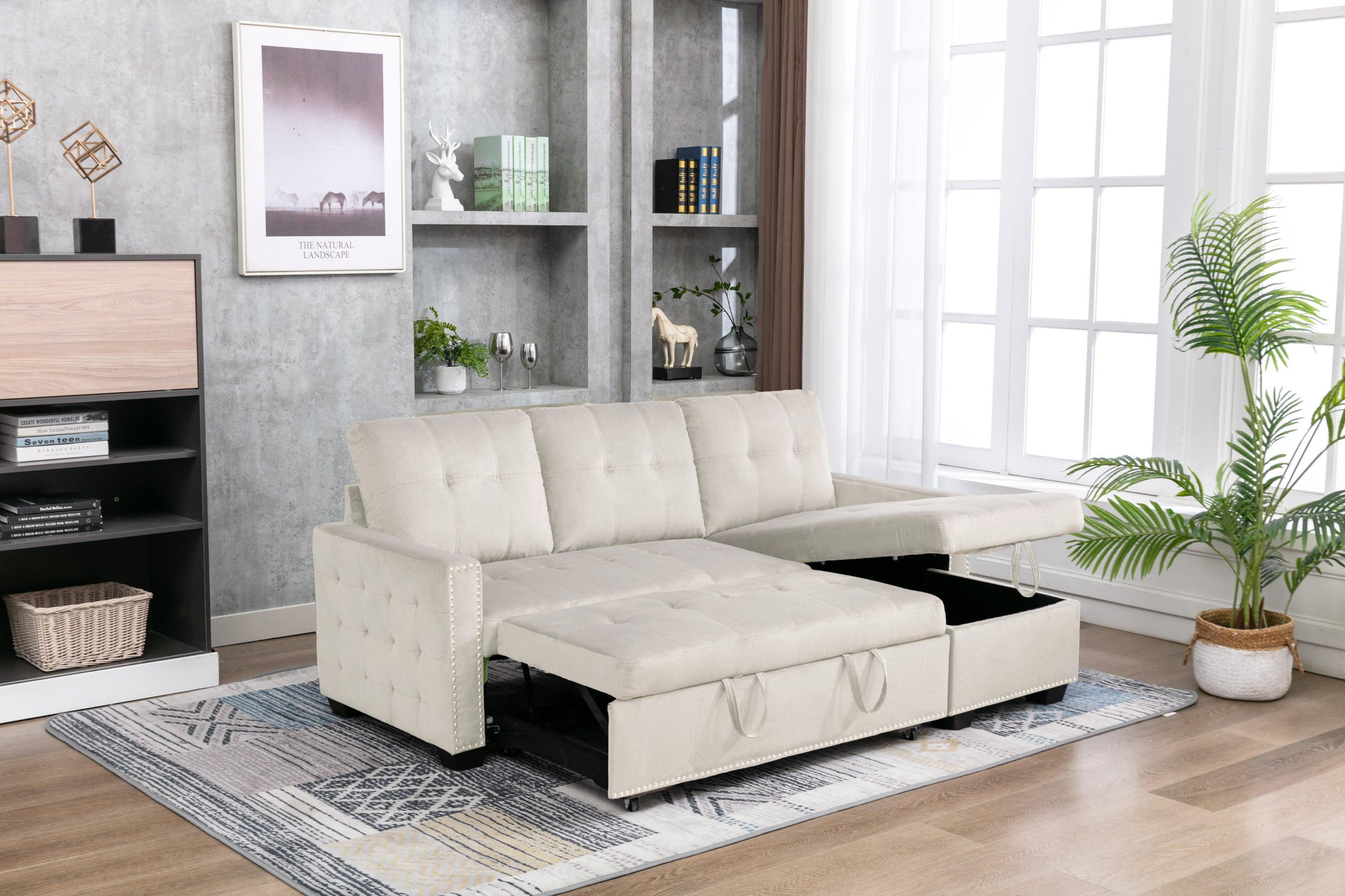 🆓🚛 77 Inch Reversible Sectional Storage Sleeper Sofa Bed, L-Shape 2 Seat Sectional Chaise With Storage, Skin-Feeling Velvet Fabric, Beige Color for Living Room Furniture