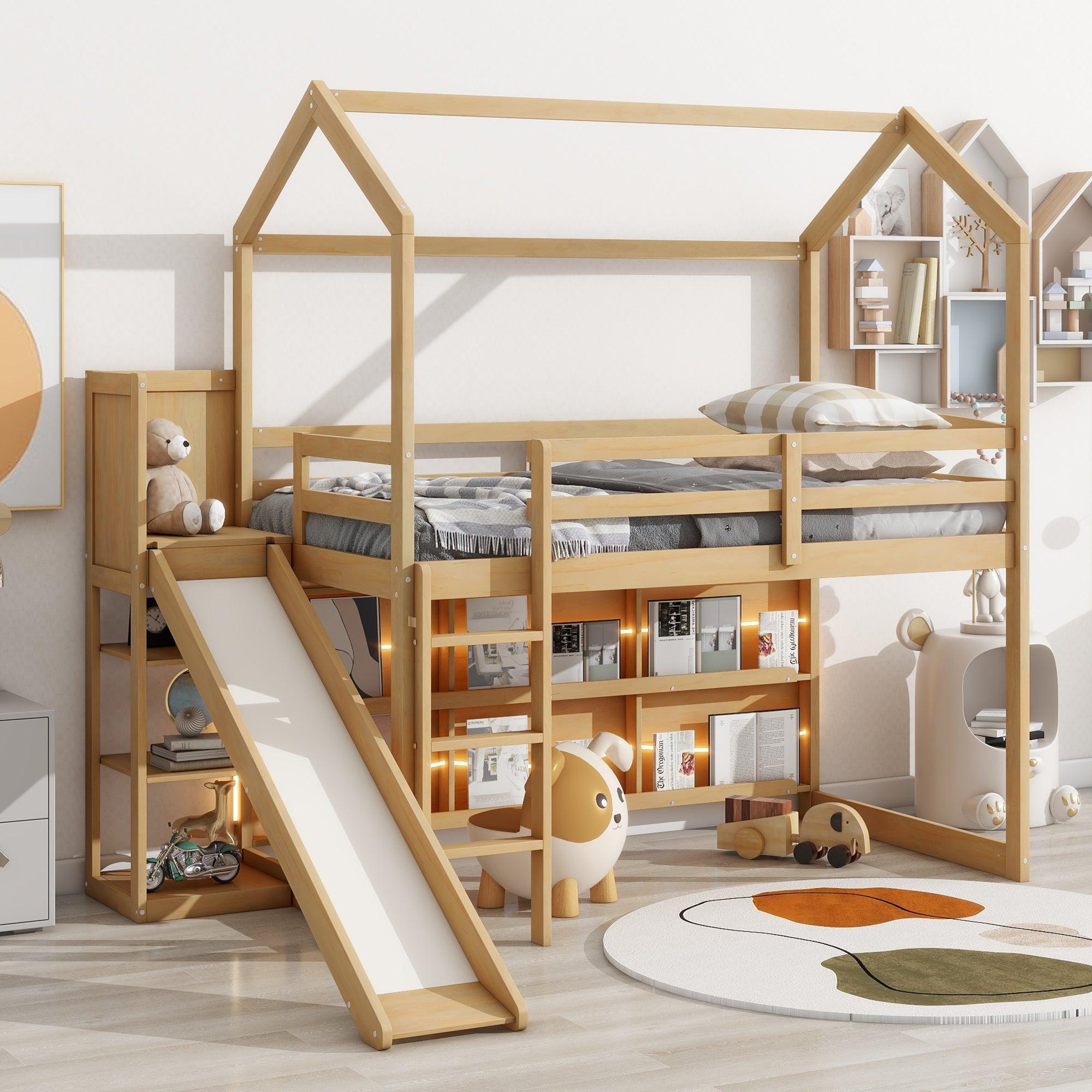 🆓🚛 Twin Size Wood House Loft Bed With Slide, Storage Shelves & Light, Climbing Ramp, Wood Color