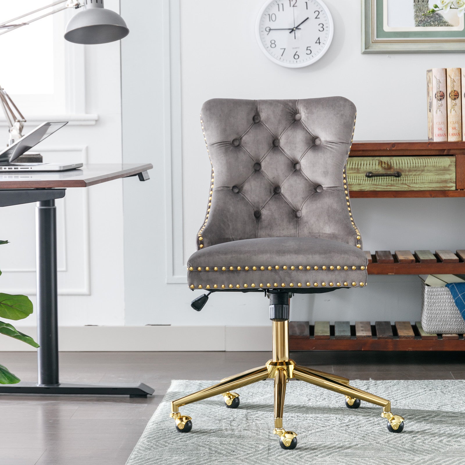 🆓🚛 Furniture Office Chair, Velvet Upholstered Tufted Button Home Office Chair With Golden Metal Base, Adjustable Desk Chair Swivel Office Chair, Gray