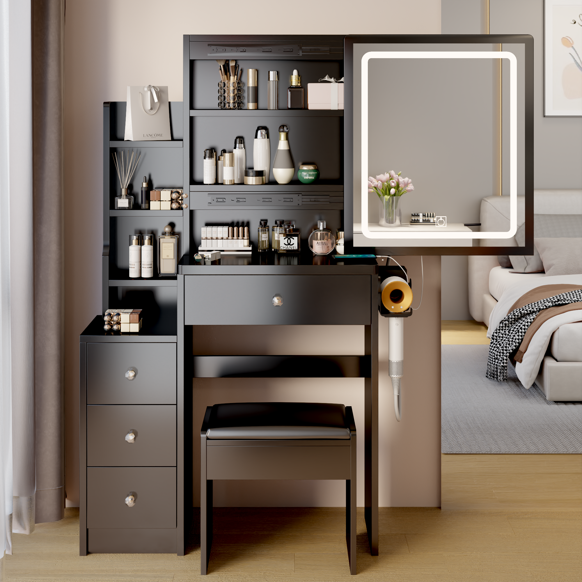 🆓🚛 Left Bedside Cabinet Vanity Table + Cushioned Stool, With 2 Ac + 2 Usb Socket, Extra Large Sliding Led Mirror, Touch Control, Tri-Color, Brightness Adjustable, Multi Layer, High Capacity Storage