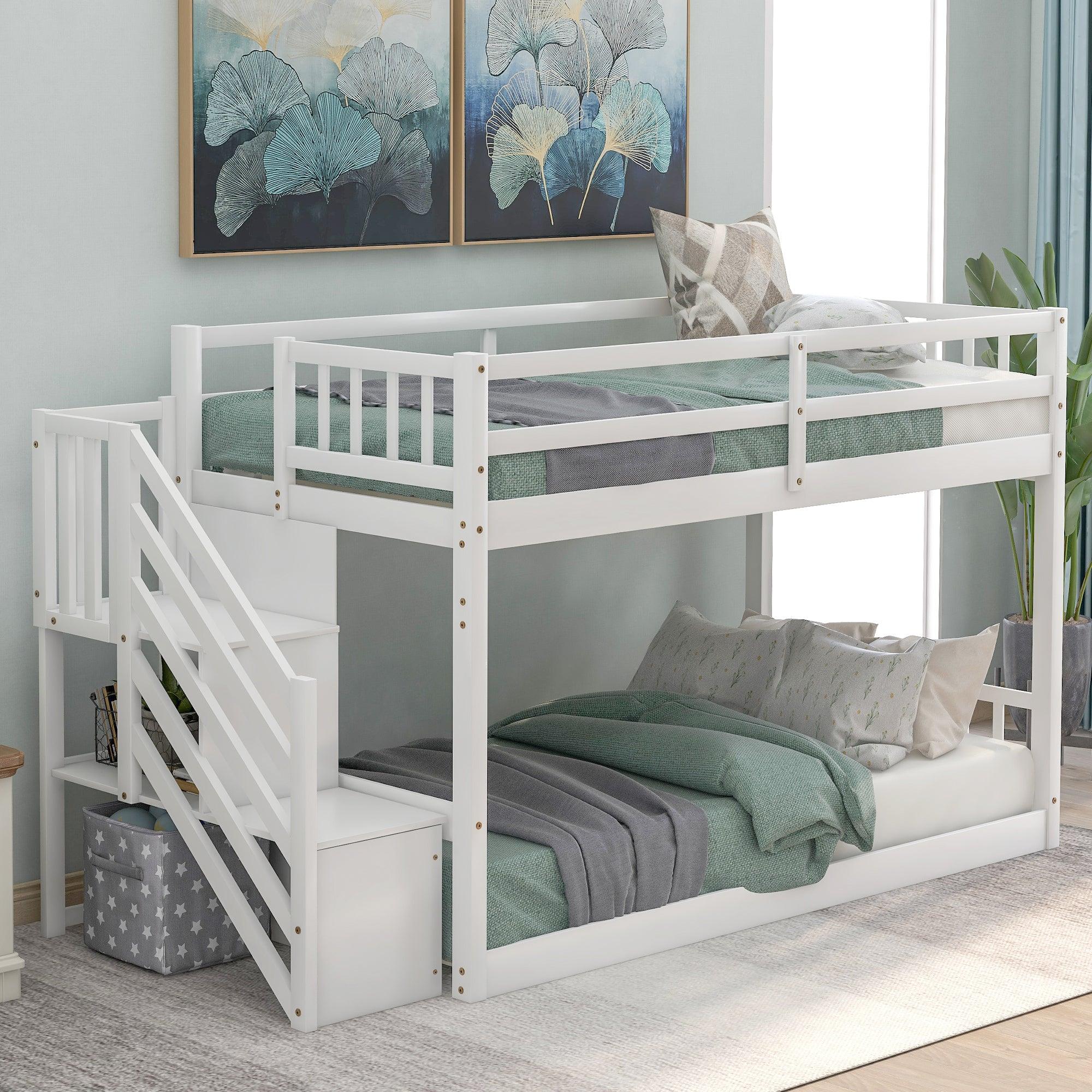 🆓🚛 Twin Over Twin Floor Bunk Bed, Ladder With Storage, White