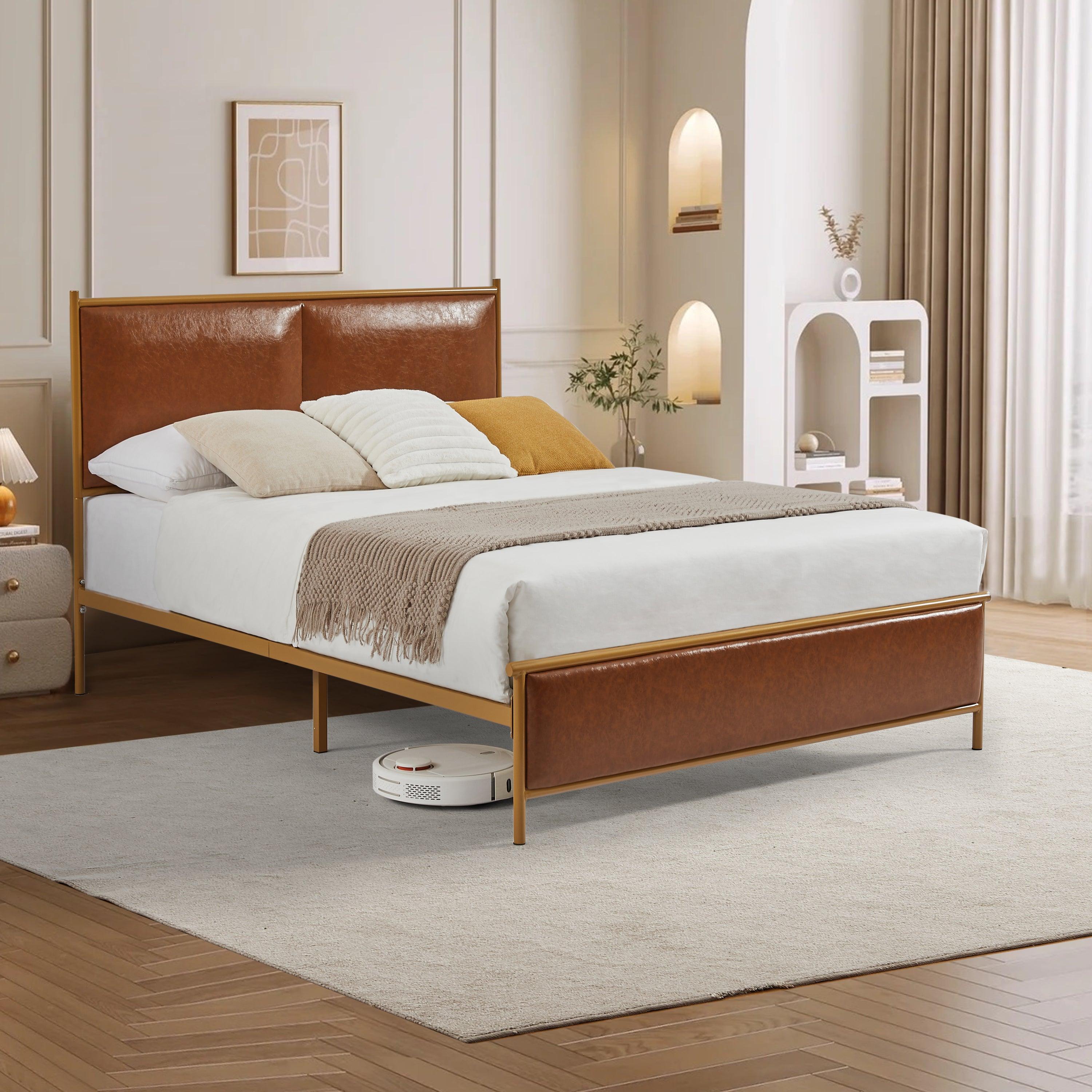 🆓🚛 Queen-Size Bed Classic Steamed Bread Shaped Backrest, Metal Frame, Solid Wood Ribs, Sponge Soft Bag, Coffee Color