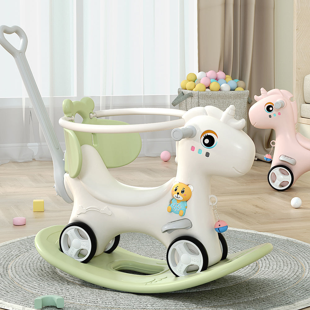 🆓🚛 Rocking Horse for Toddlers, Balance Bike Ride On Toys With Push Handle, Backrest & Balance Board for Baby Girl & Boy, Unicorn Kids Green Color