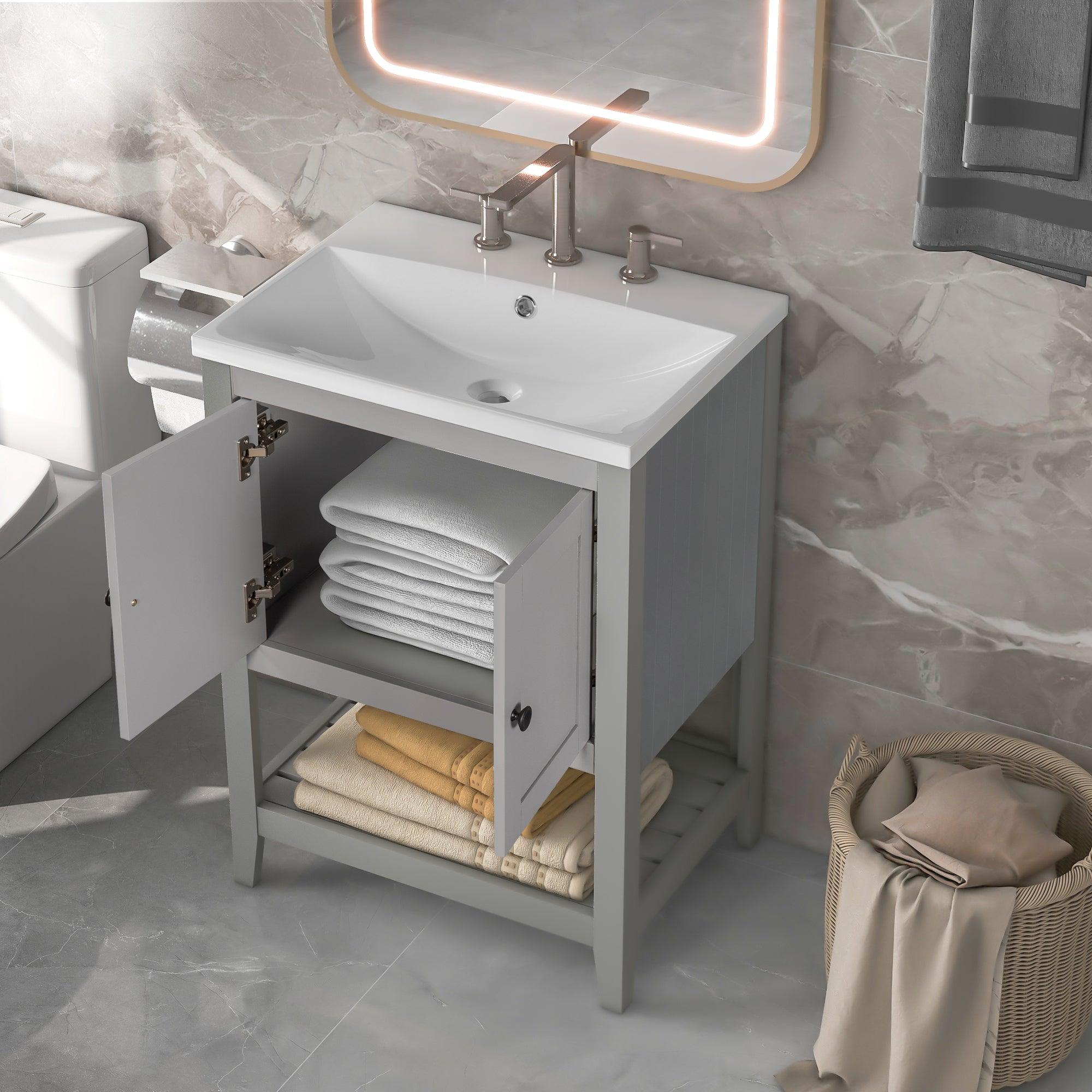 🆓🚛 24" Gray Modern Sleek Bathroom Vanity Elegant Ceramic Sink With Solid Wood Frame Open Style Shelf
