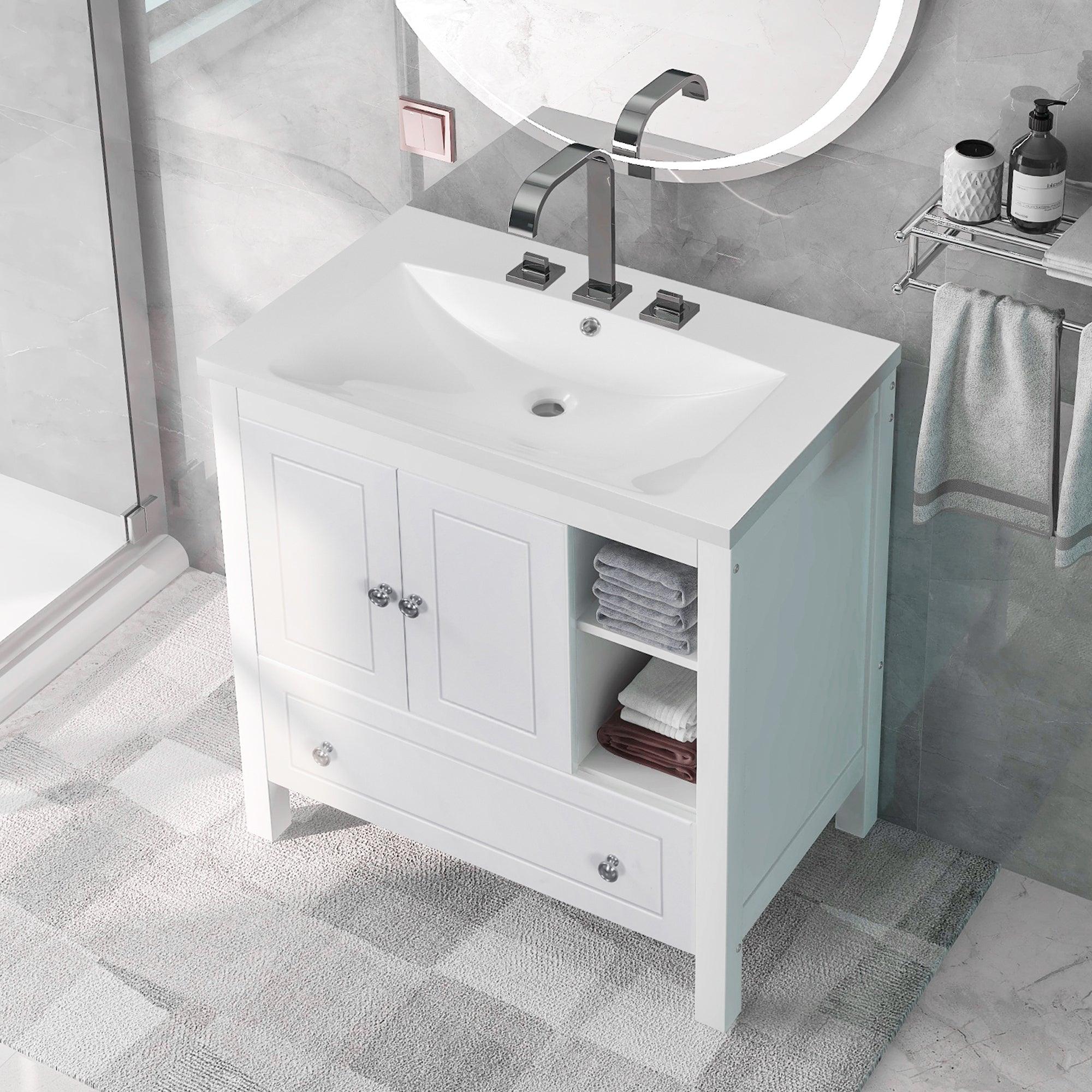 🆓🚛 30" Bathroom Vanity With Sink, Bathroom Storage Cabinet With Doors & Drawers, Solid Wood Frame, Ceramic Sink, White