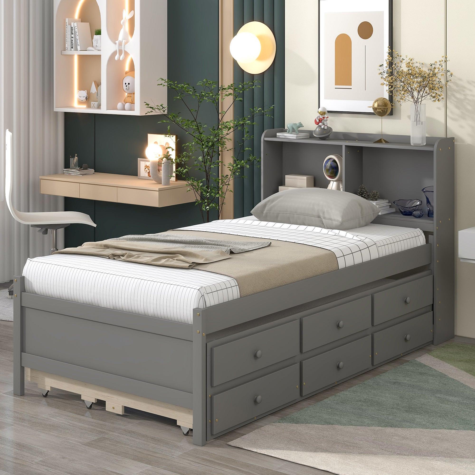 🆓🚛 Twin Bed With Twin Trundle & Drawers, Gray